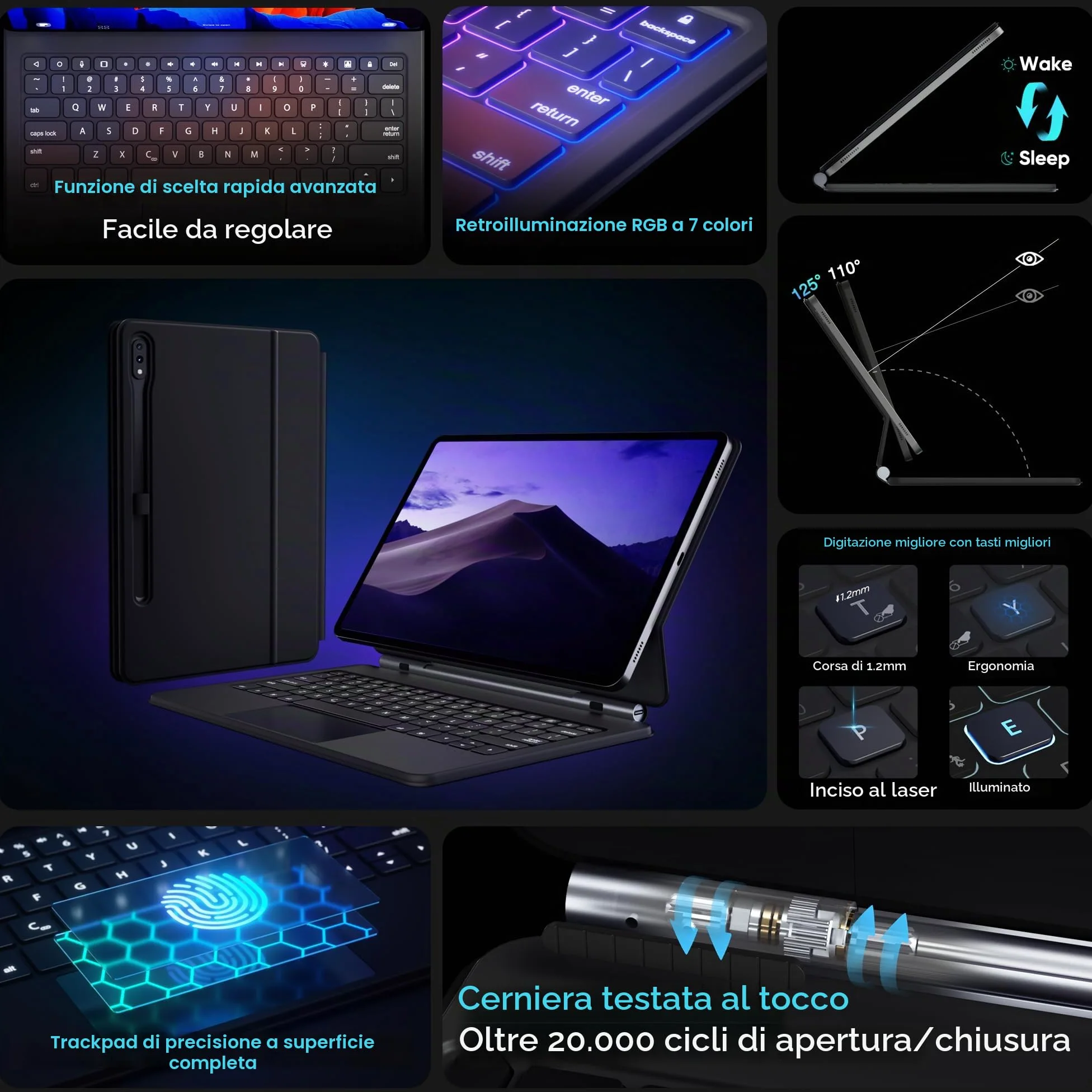 doqo Custodia tastiera per Samsung Galaxy Tab S10+ Plus/S9+/S9 FE+/S8+/S7+/S7 FE 12,4 pollici Custodia magnetica con tastiera, touchpad retroilluminazione, supporto in cantilever fluttuante (Nero)