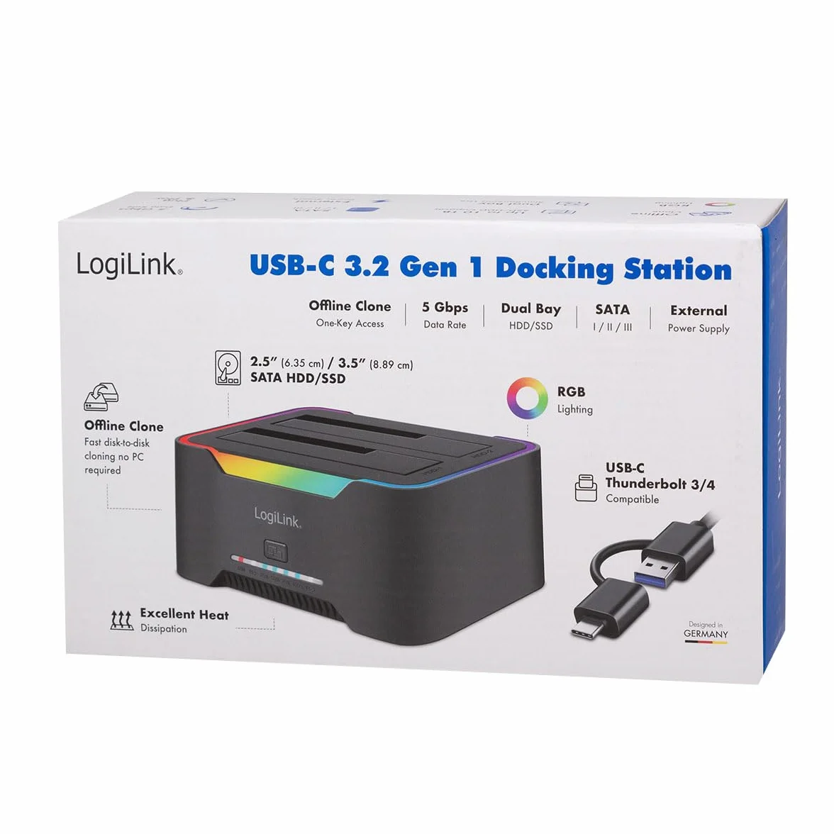 LogiLink Doppia docking station USB-C 3.2 Gen1 a 2 porte, per dischi rigidi da 2,5" e 3,5", SSD/HDD, con clone offline (senza clonare i dischi rigidi PC), 5 Gbps di trasferimento dati