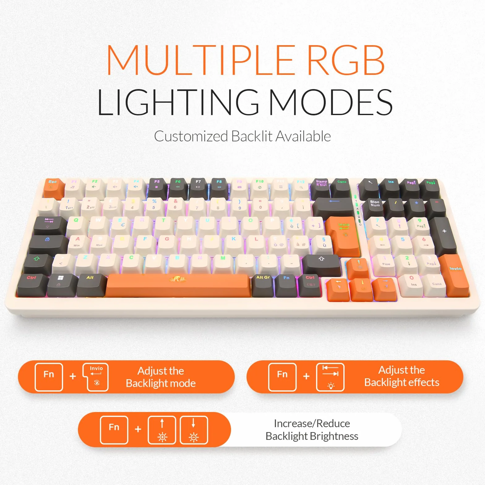 Rii Gaming RK909 - Tastiera meccanica silenziosa con tripla connessione (Wireless + Bluetooth + USB), batteria ricaricabile, retroilluminazione RGB, anti-ghosting, tasti smontabili, cover magnetica