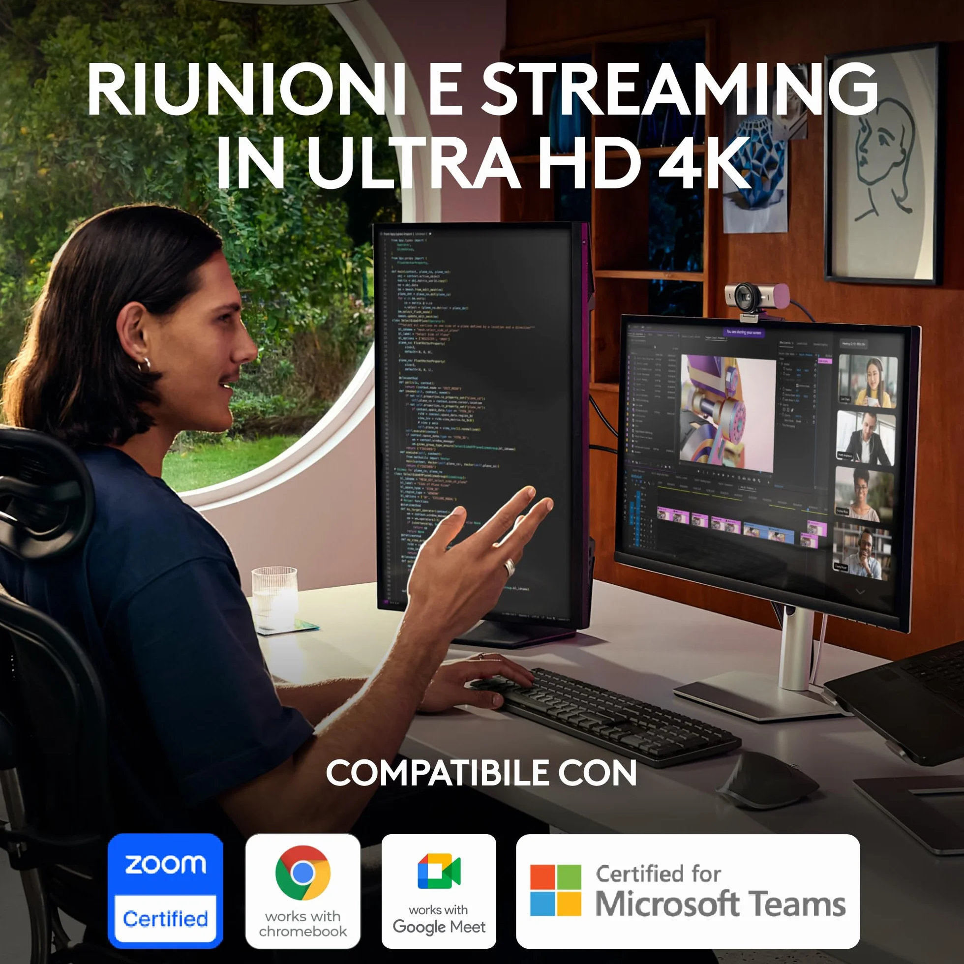 Logitech MX Brio per collaborazione e streaming Ultra HD 4K, 1080p a 60 FPS, due microfoni con riduzione del rumore, Show Mode, USB-C, copertura webcam, Microsoft Teams, Zoom, Google Meet, Grafite