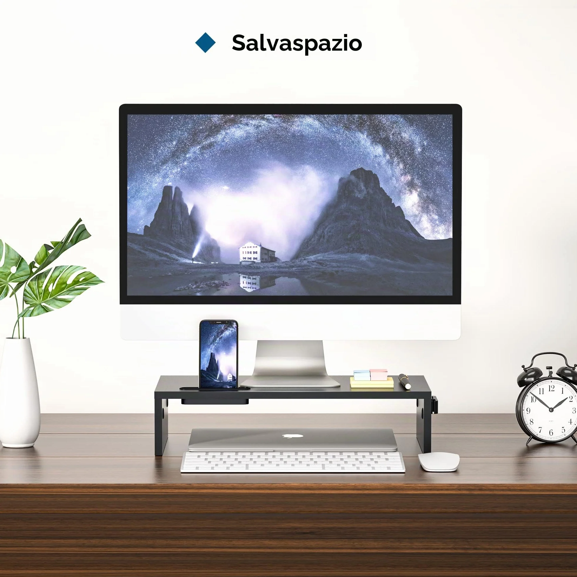 BONTEC Supporto per Monitor in Legno, per Monitor da Tavolo ergonomico per Laptop, Computer, Notebook, iMac, Stampanti, Portata Fino a 30 kg, W420 x D235 x H104mm, Nero