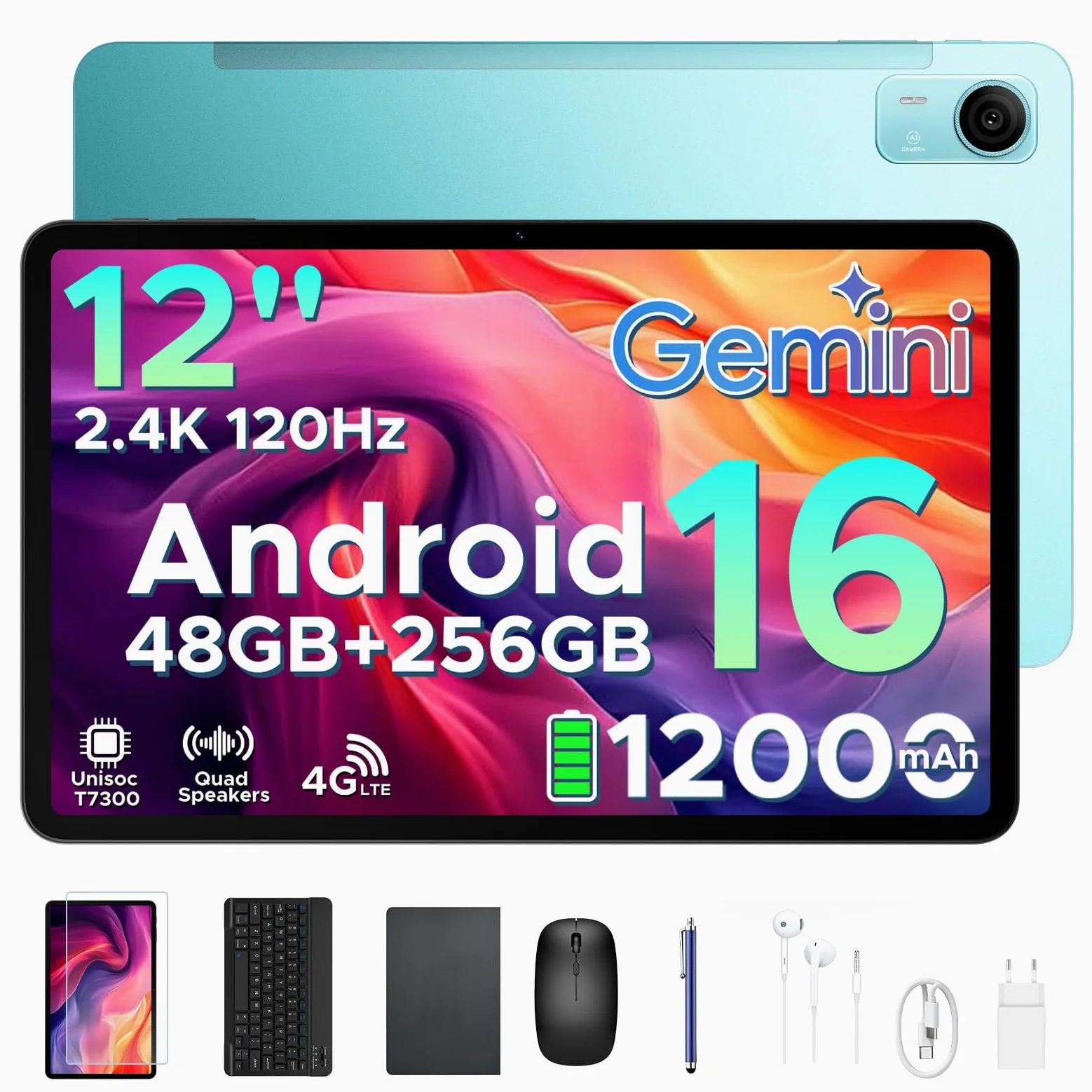 P12 Pro Tablet con Sim 2.4K 120Hz & Gemini AI, 48GB+256GB/2TB Tablet 12 Pollici & 12000mAh/18W Tablets Android 16, T7300 Octa Core Tablets con Tastiera, 4 Speakers/Widevine L1/Mouse/Custodia