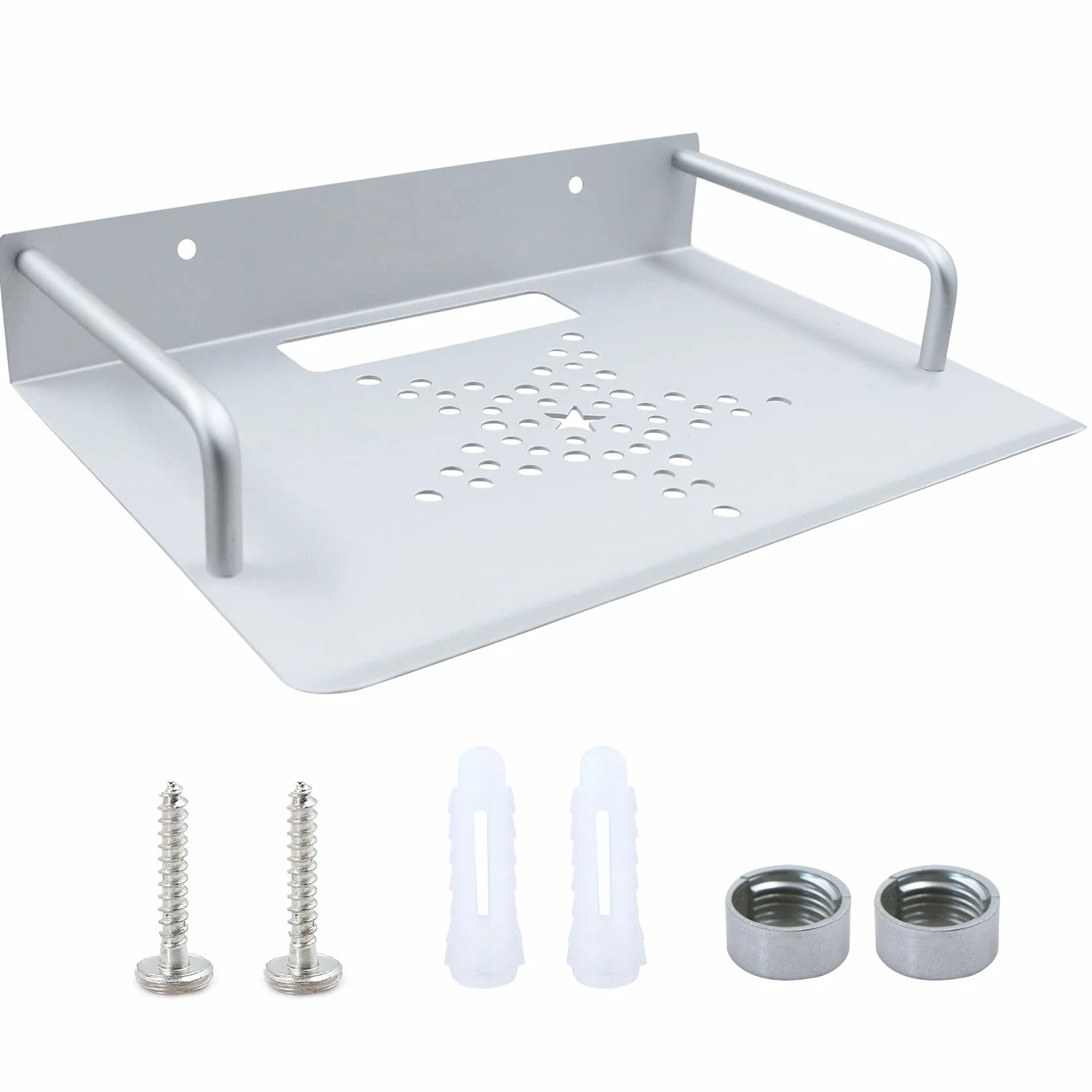 Supporto parete per router Rack – Ripiano in alluminio argentato montato a parete, 23 x 16 cm