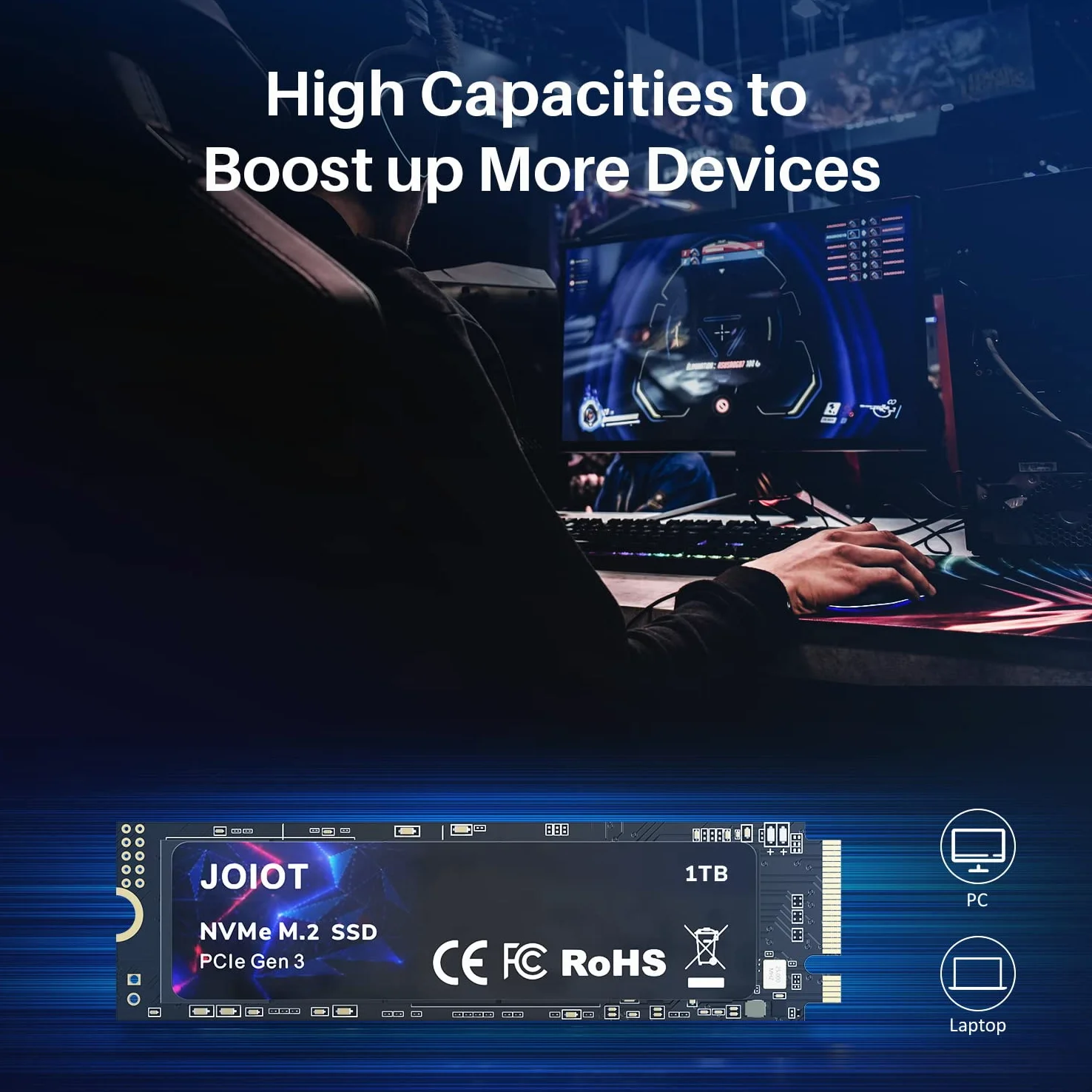 JOIOT SSD PCle da 1 TB 3.0x4, NVMe M.2 2280, unità a stato solido interna, archiviazione per PC, laptop, giochi e altro ancora, tecnologia V-NAND, velocità massima, nero