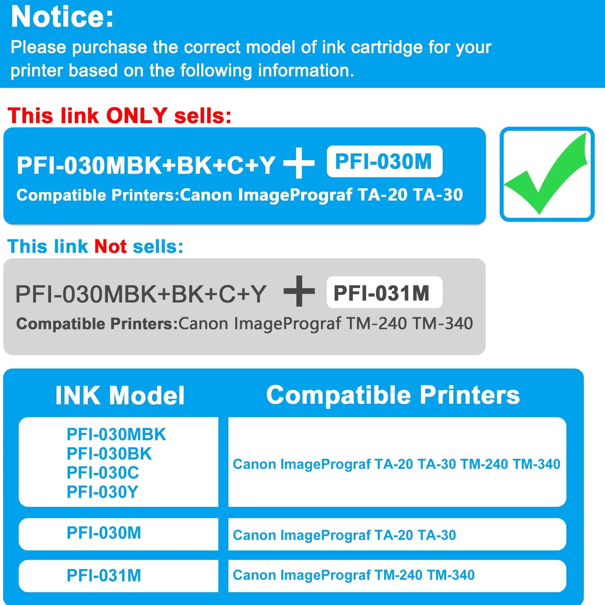 LCL PFI-030 Cartuccia d'inchiostro compatibile PFI030 PFI-030 PFI-030MBK PFI-030BK PFI-030C PFI-030M PFI-030Y (MBK+KCMY) Sostituzione per Canon ImagePrograf TA-20 ImagePrograf TA-30