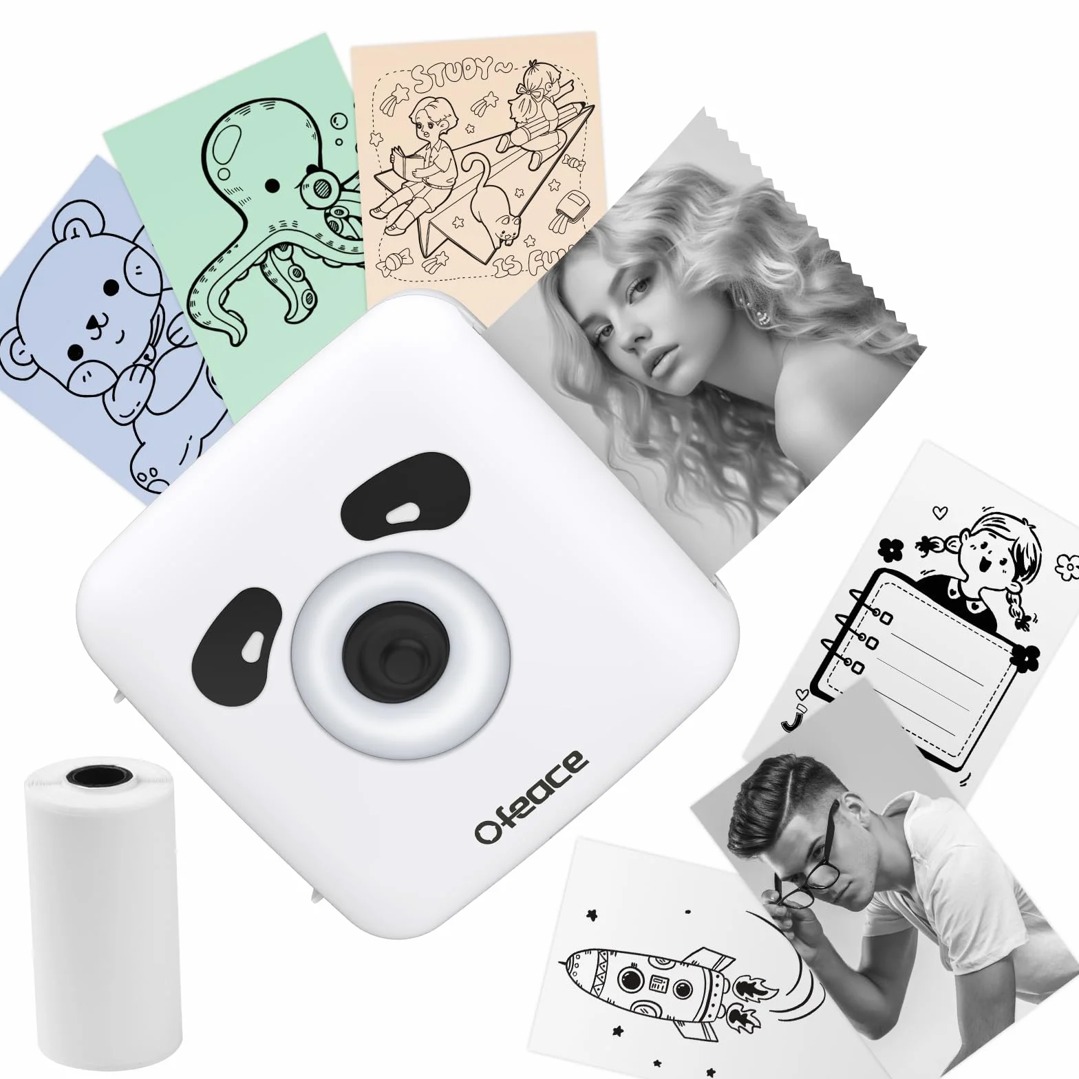 Stampante per foto portatile, mini stampante portatile, stampa termica, 300 dpi, connessione rapida 1 s, 1100 mAh, etichetta di ricevuta, nota, adesivo, codice QR, Android e iOS, Panda Design