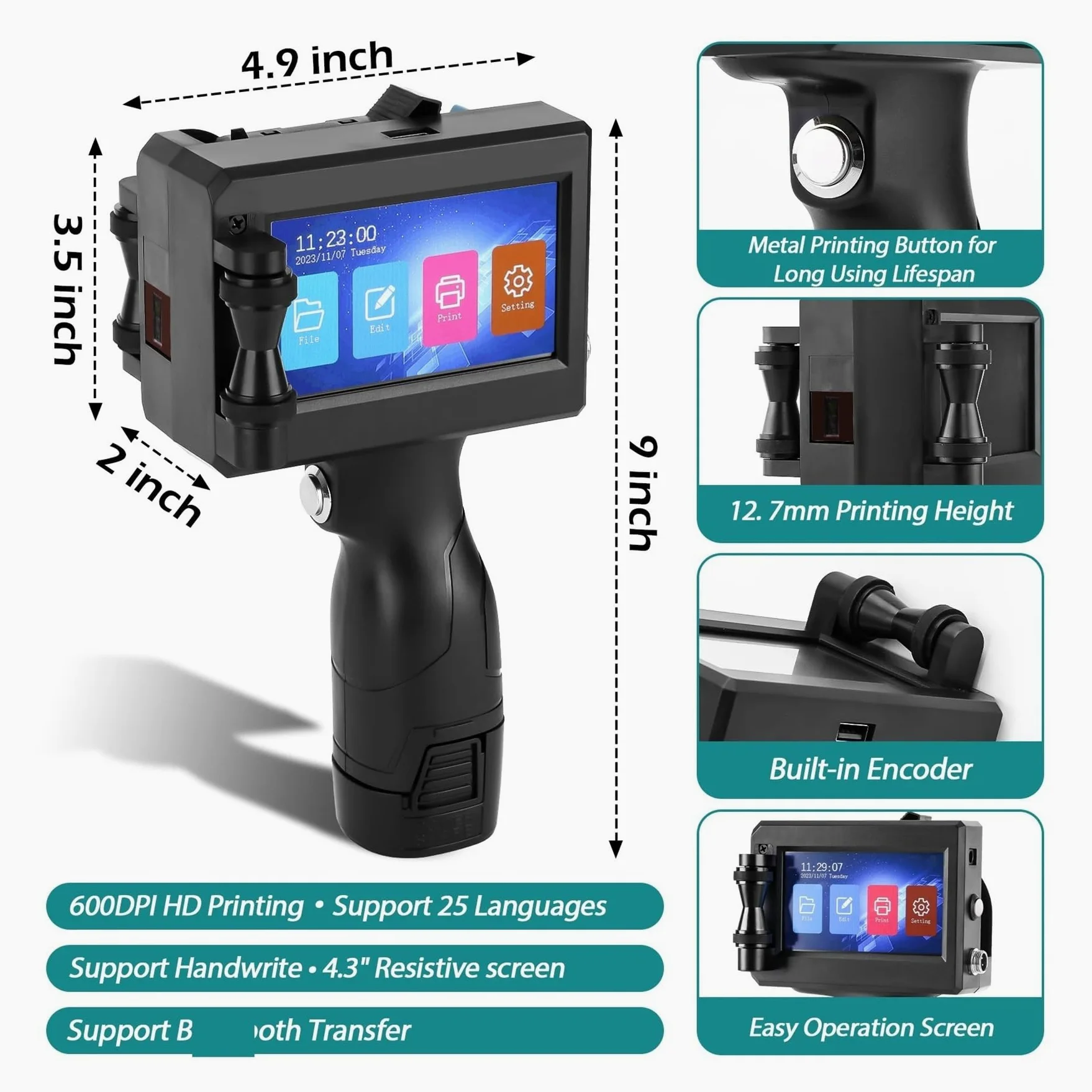 Pistola for stampante a getto d'inchiostro portatile da 12,7 mm con inchiostro ad asciugatura rapida for codice a barre QR, logo, data Su Cartone, Legno(Non Cartridge)