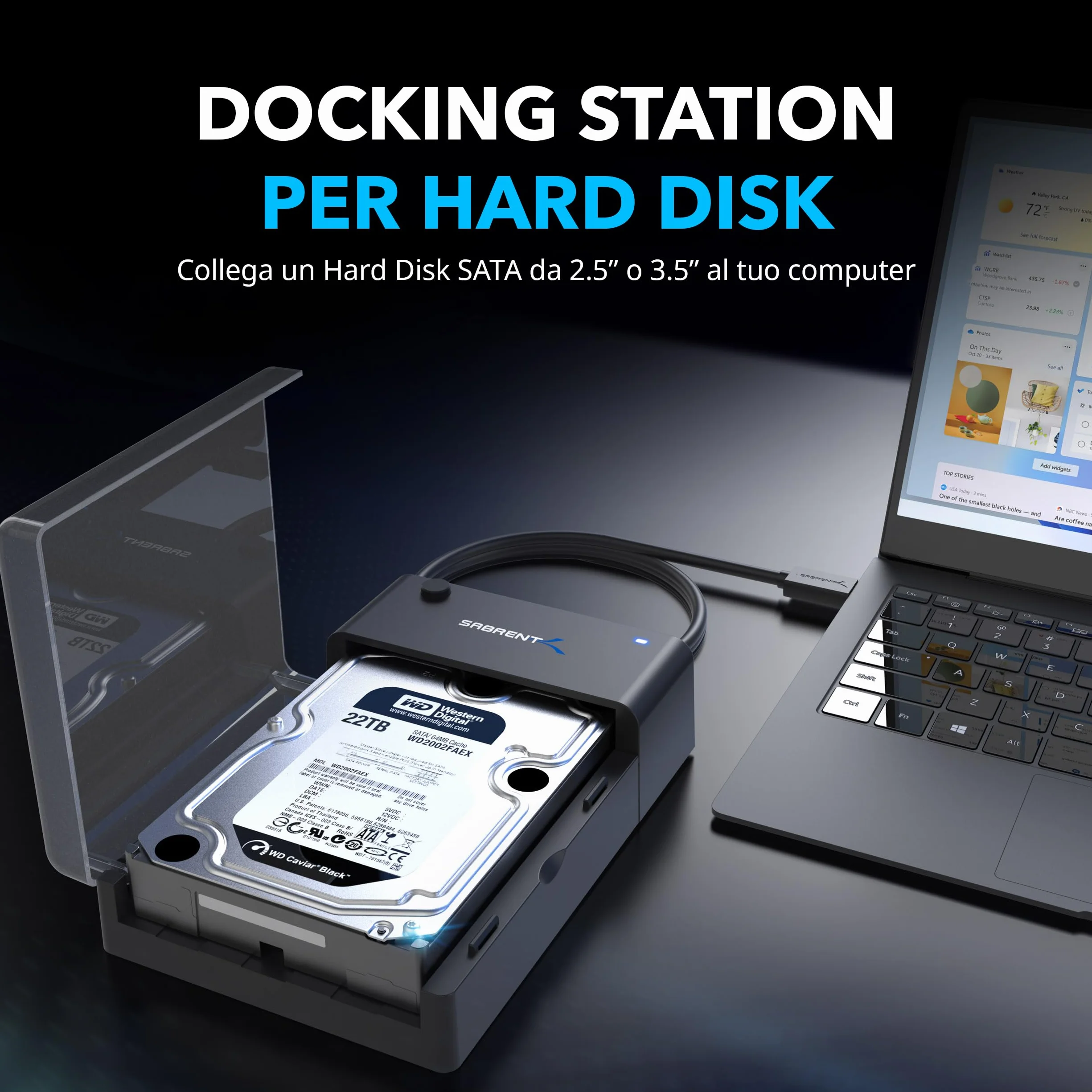 SABRENT Docking Station SSD Hard Disk Esterno HDD 2.5 o 3.5 pollici, USB 3.2 Gen 1 a SATA [Supporta UASP] (EC-DFLT)