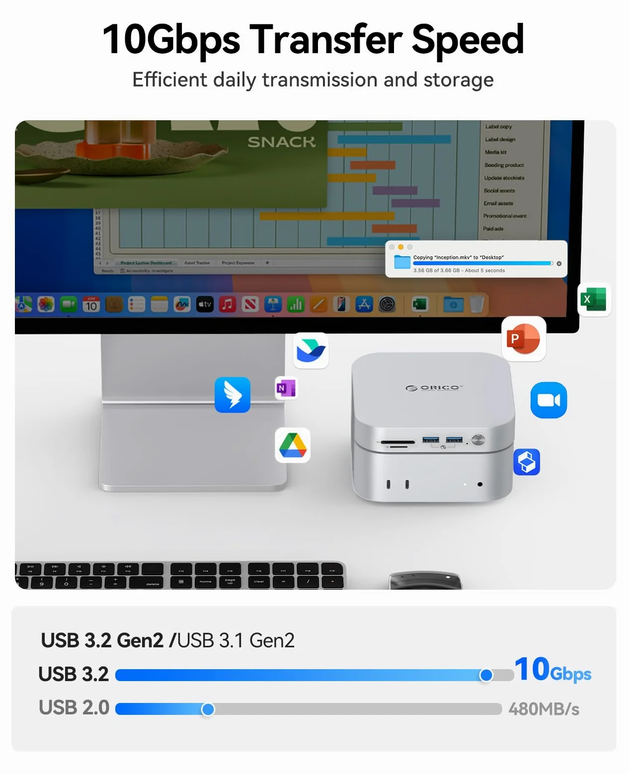 Dock e Supporto ORICO MiniLink per Mac mini M4, Hub USB C in Alluminio con Custodia SSD per M.2 NVMe/SATA, 2 porte USB 3.2 a 10Gbps, SD/TF 3.0, Dock Argento per Mac mini M4 / M4 Pro - M49P