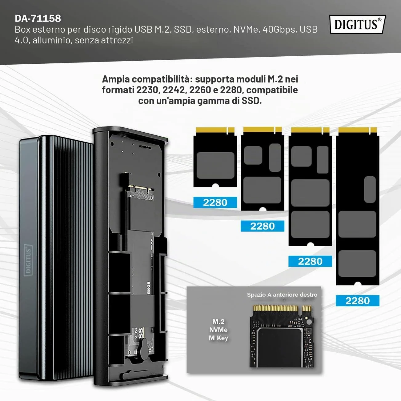 Custodia Per Disco Rigido Digitus Usb M.2, Ssd, Esterna, Nvme, 40 Gbps, Usb 4.0, Alluminio, Senza Attrezzi
