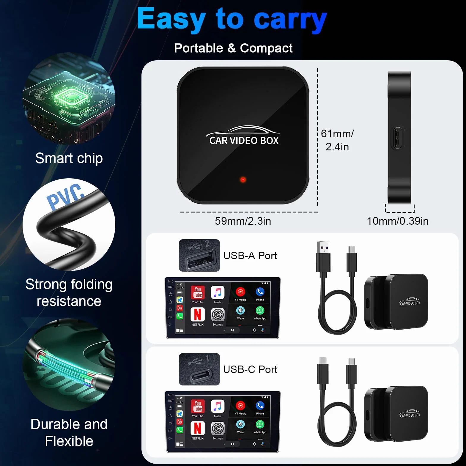 Adattatore Carplay wireless con YouTube, adattatore wireless Carplay 2024 e dongle Android Auto facile da configurare, WiFi 5GHz