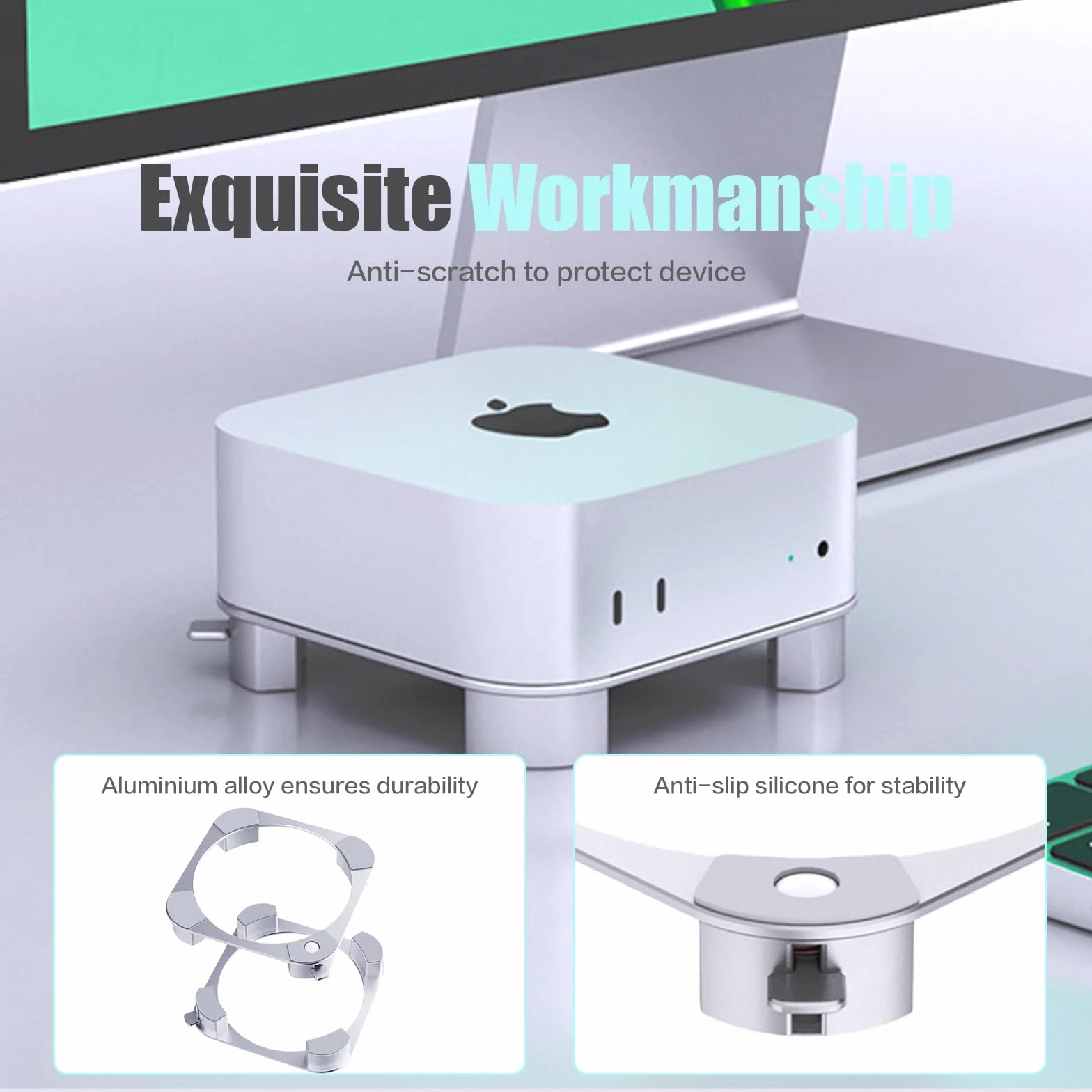 Supporto in alluminio per Mac mini M4/M4 Pro, con pulsante di accensione facile da raggiungere, ventilazione migliorata e dissipazione del calore, design antiscivolo stabile per un lavoro sicuro ed