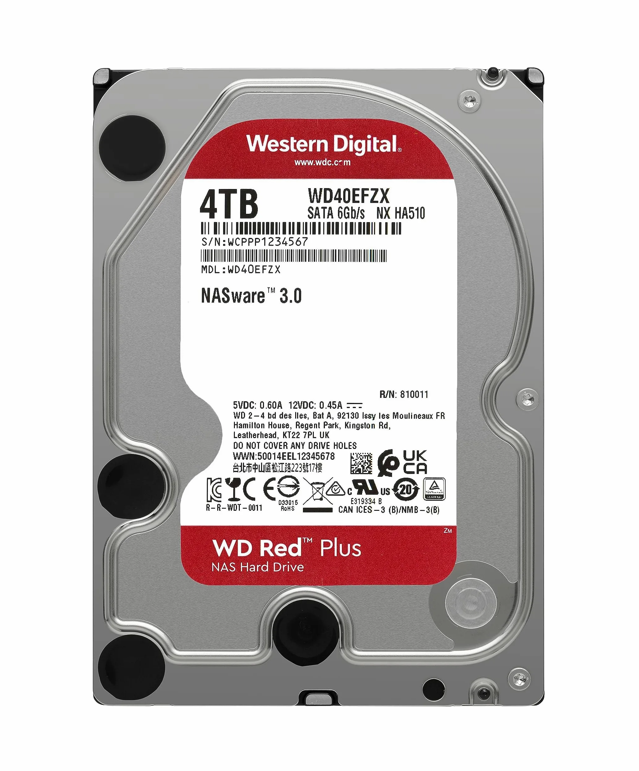 WD Red Plus 4 TB NAS 3,5" Hard Disk Interno - Classe 5.400 RPM, SATA 6 Gb/s, CMR, cache 128 MB