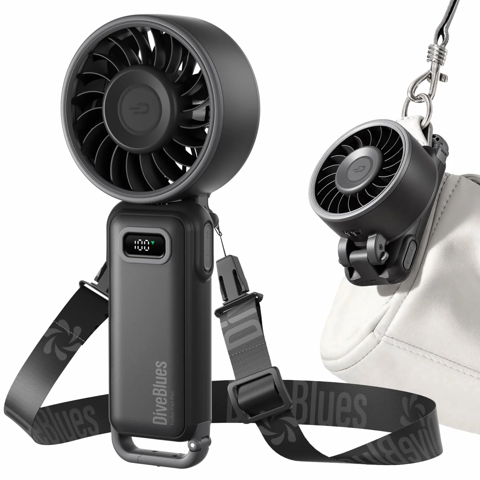 Diveblues Ventilatore Portatile Pieghevole con Batteria - 100 Velocità Regolabili e fino a 12h di Autonomia - Potente ma Piccolo per Mano, Scrivania e Collo - Ideale per Viaggi, Spiaggia e Campeggio