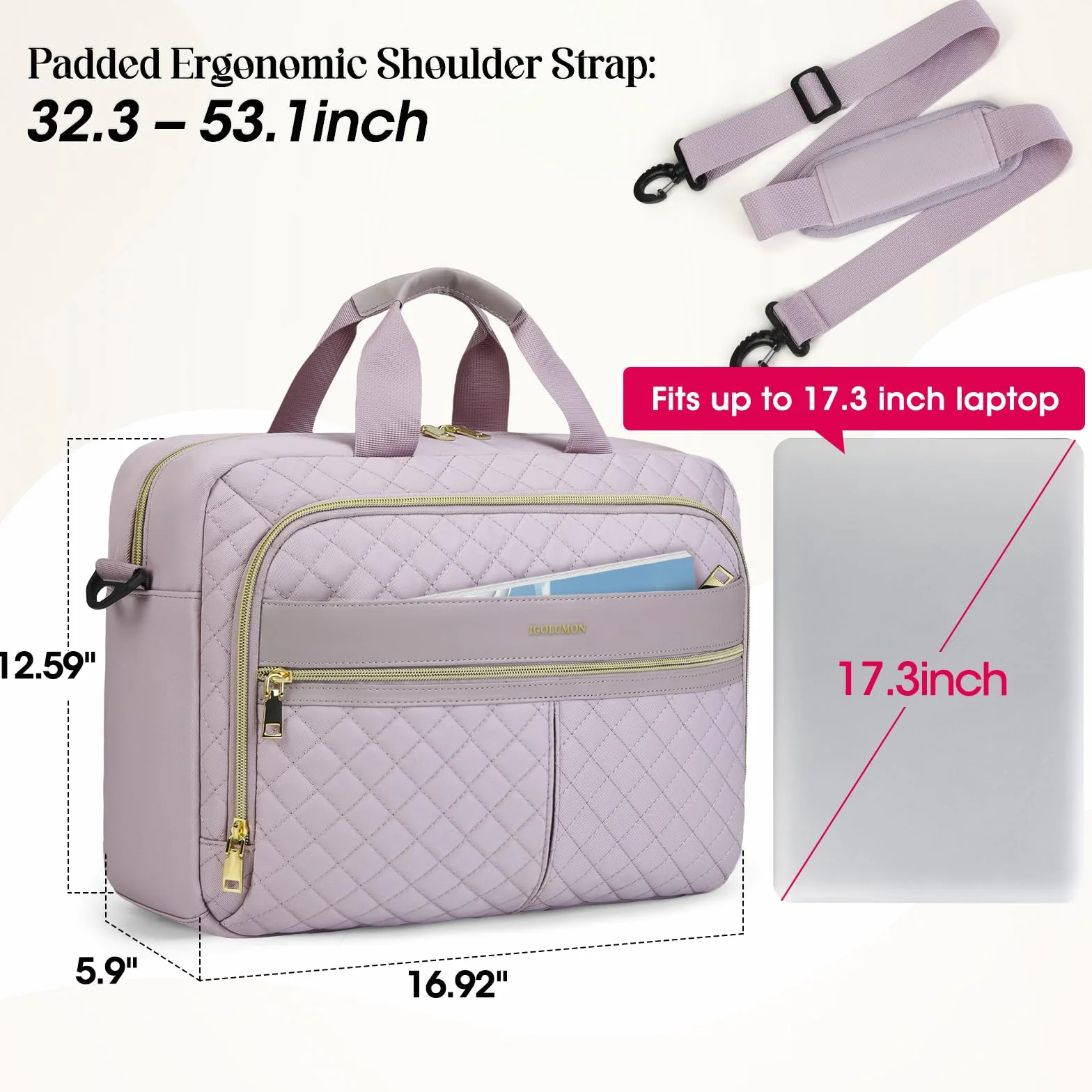 IGOLUMON Borsa per computer portatile da donna 17,3 pollici, impermeabile, per computer portatile, borsa da lavoro, borsa a tracolla