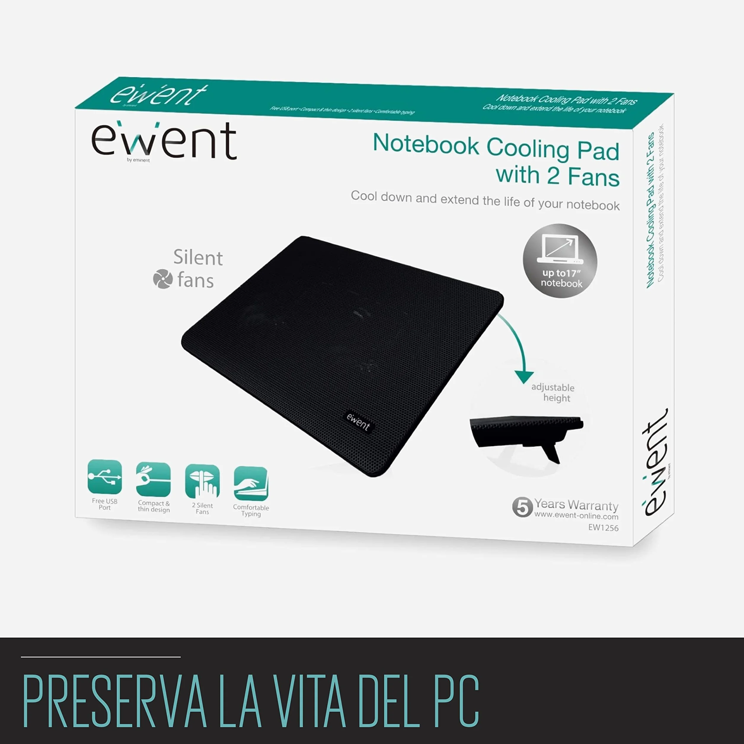 Ewent EW1256 Pad di raffreddamento a 2 ventole per Notebook fino a 17", Nero 34 x 25 x 2 cm