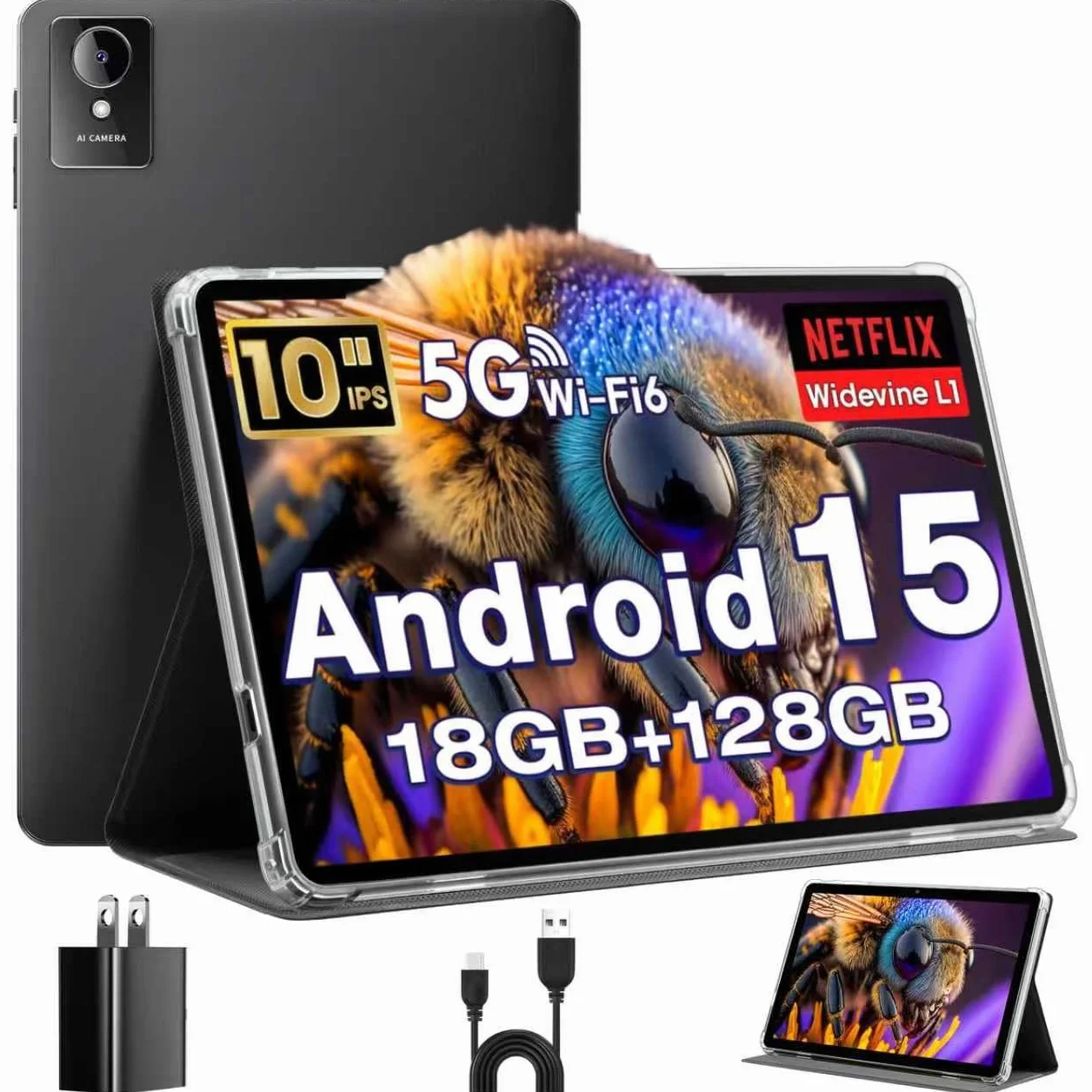Tablet 10 Pollici, Tablet Android 15 con Cover, Unisoc T30 Quad-Core, 18 GB RAM + 128 GB ROM + 1 TB TF, Display HD IPS 1280x800, Fotocamera Doppia 5MP+8MP, 6000 mAh, WiFi 6, BT 5.0, Widevine L1 (K50)