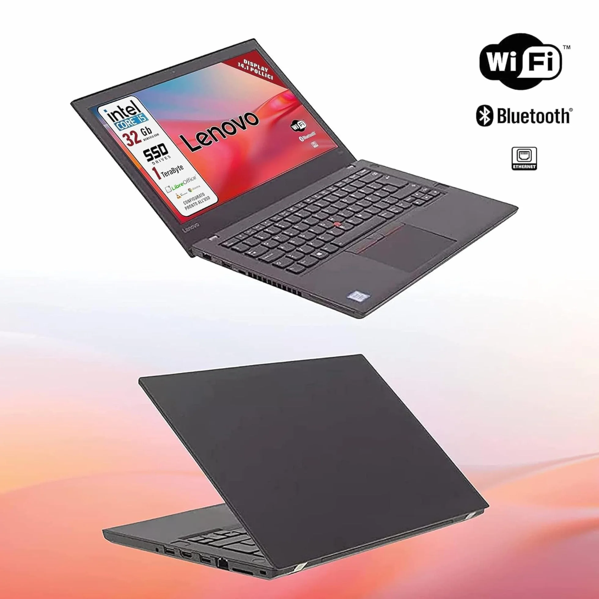 Lenovo, Pc portatile Intel Core i5, Ram 32 Gb, SSD 1 Tb, pronto all'uso con Libre, Notebook Con Display HD da 14", in dotazione pen drive fingerprint (Ricondizionato)