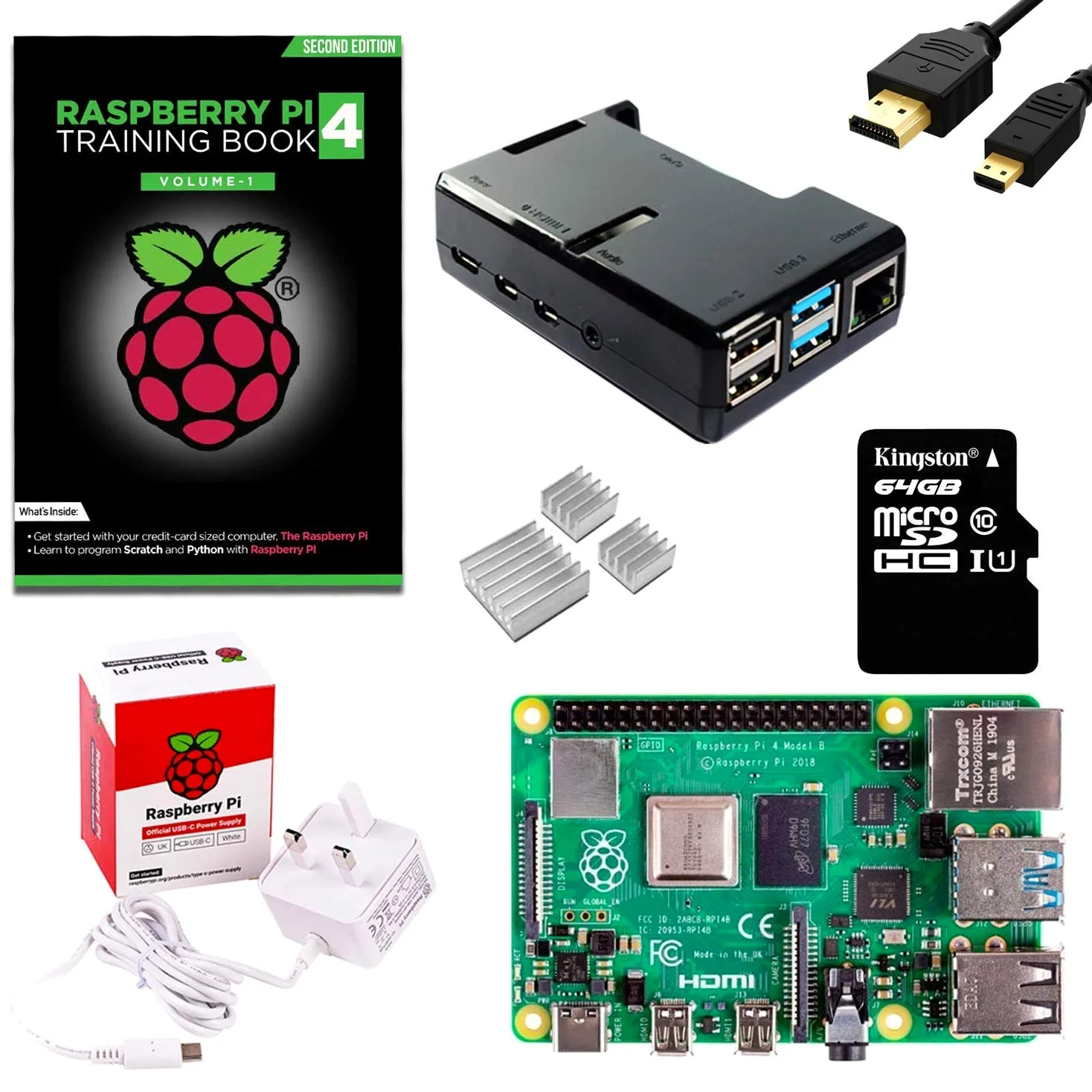 sb components Raspberry Pi 4 Starter Kit (Raspberry Pi 4 Modello B 2GB, Nero Protezione Accesso a tutte le porte, Alimentatore, Cavo Micro HDMI e Scheda MicroSD da 64 GB)