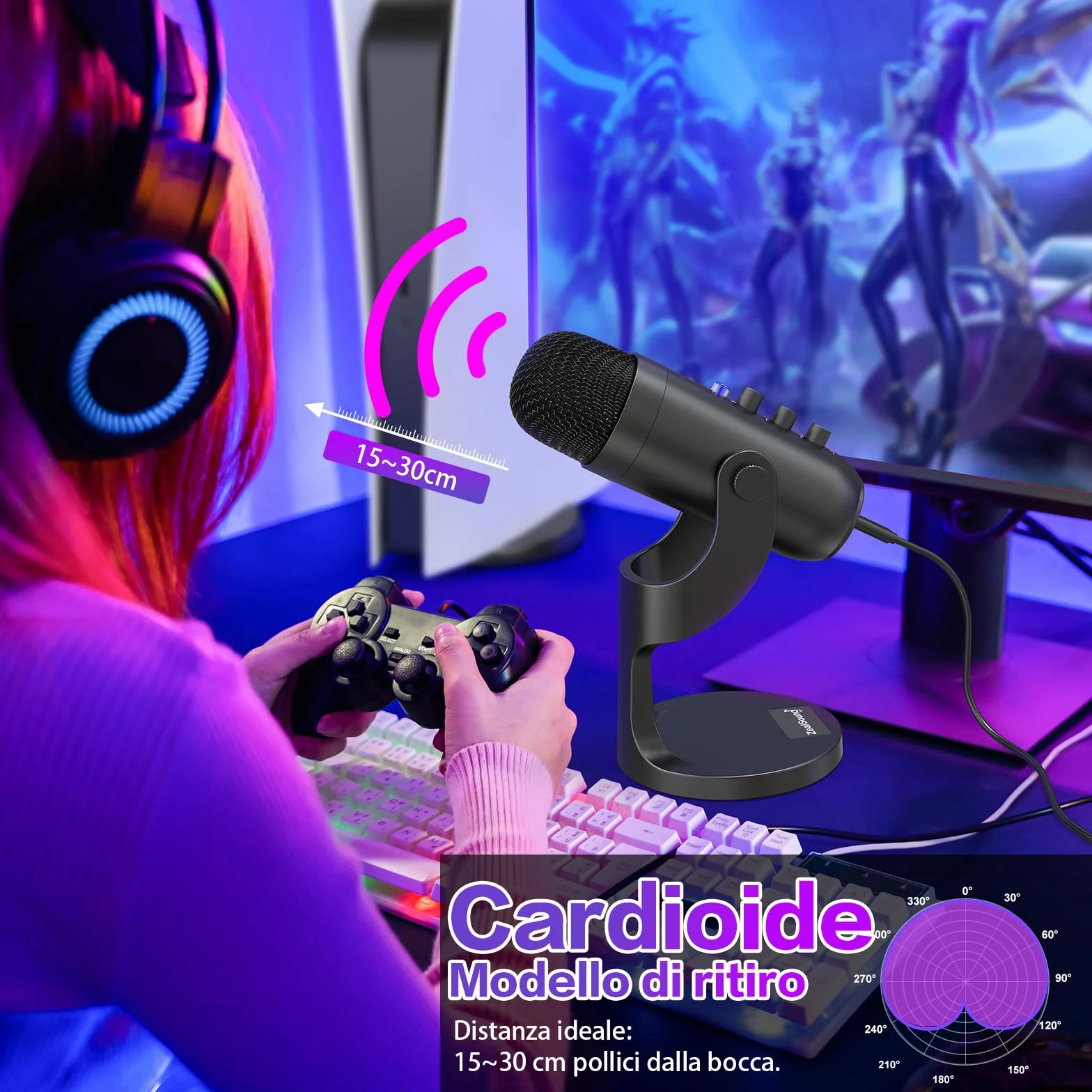 zealsound Microfono PC, Microfono a Condensatore per Phone Pad Computer, Laptop, Telefono, Muto, Echo, Riduzione del rumore, Cardioide Mic per Streaming, ASMR, Gaming, Podcast, YouTube, Twitch, nero
