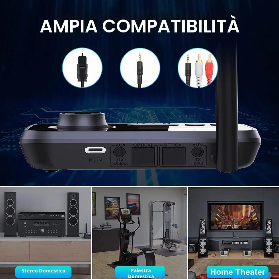 Trasmettitore Ricevitore Bluetooth 3-in-1 Adattatore Audio Bluetooth 5.3 per 2 Cuffie con Cavi Bypass Aux/Ottico/RCA ON/off Automatico LCD Display Controllo Volume per TV Stereo Casa PC