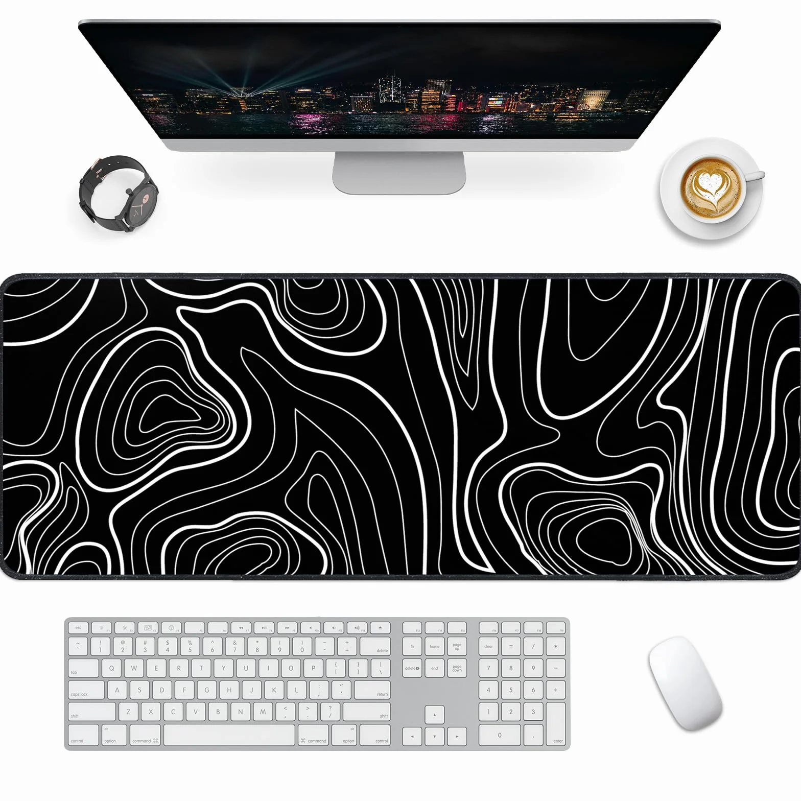 Tappetino mouse XXL gaming,Mousepad 800 x 300mm, tappetino scrivania grande dimensioni con base in gomma antiscivolo per tastiera, PC(Linee bianche e nere)
