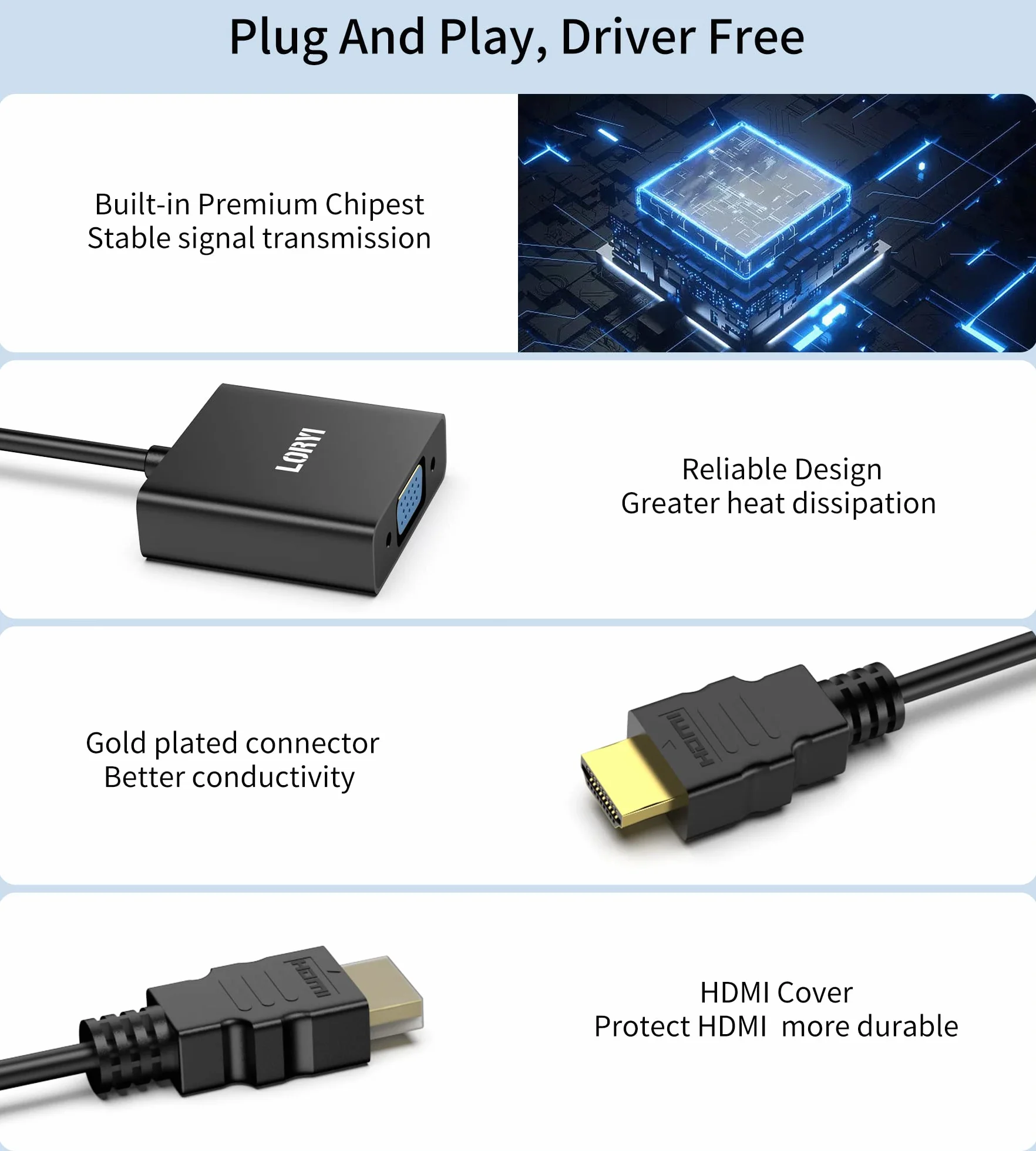 Adattatore HDMI a VGA, adattatore HDMI maschio a VGA femmina 1080P@60Hz, compatibile per computer, desktop, laptop, PC, monitor, proiettore, HDTV, Chromebook