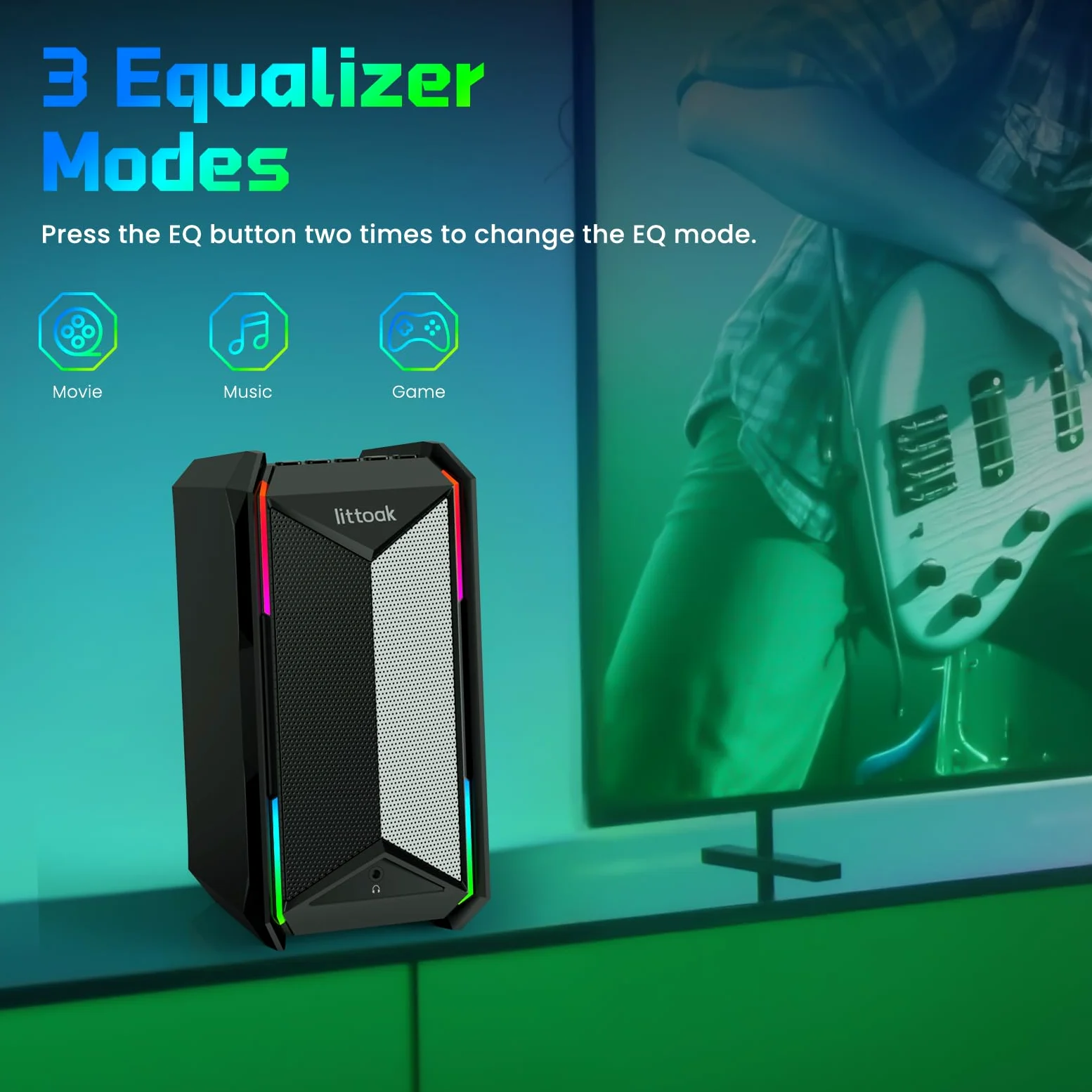 LITTOAK Altoparlanti per computer per musica e giochi, altoparlanti alimentati con adattatore CC per PC desktop o laptop, altoparlante desktop Bluetooth 5.3, 10 modalità RGB, ingresso AUX da 3,5 mm
