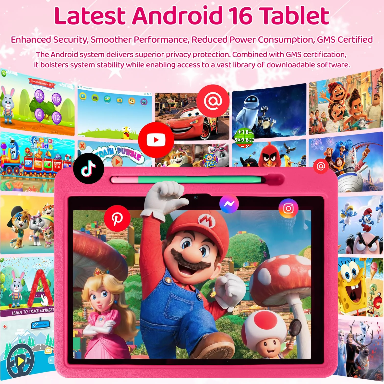 Tablet Bambini Android 16 Pollici 10, 20GB RAM 1TB TF, Batteria 6000mAh, WiFi 6/BT 5.3 - Rosa