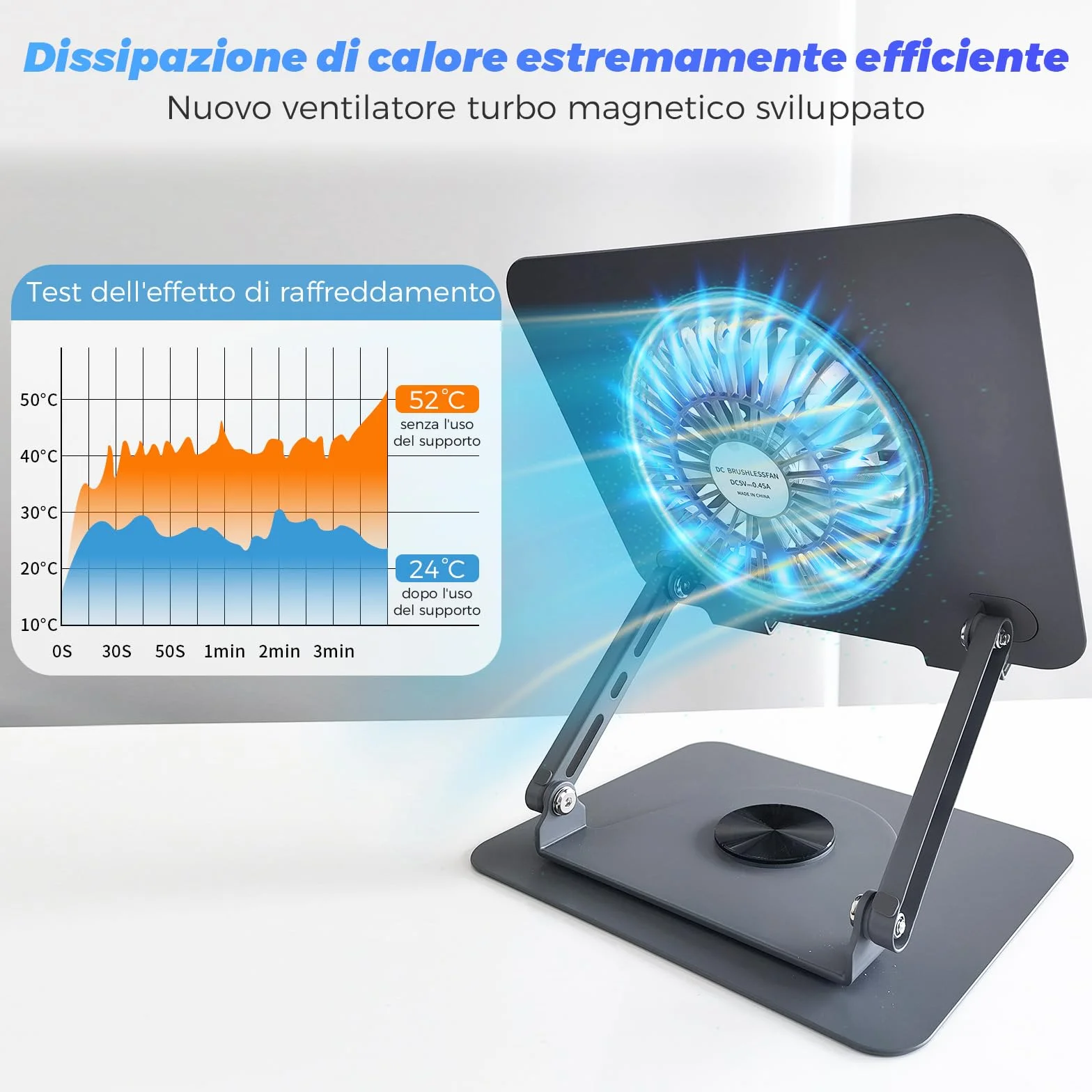Supporto per laptop in alluminio, girevole a 360°, pieghevole, con ventola magnetica per raffreddamento, compatibile con MacBook e dispositivi da 10 a 17,3 pollici (grigio scuro)