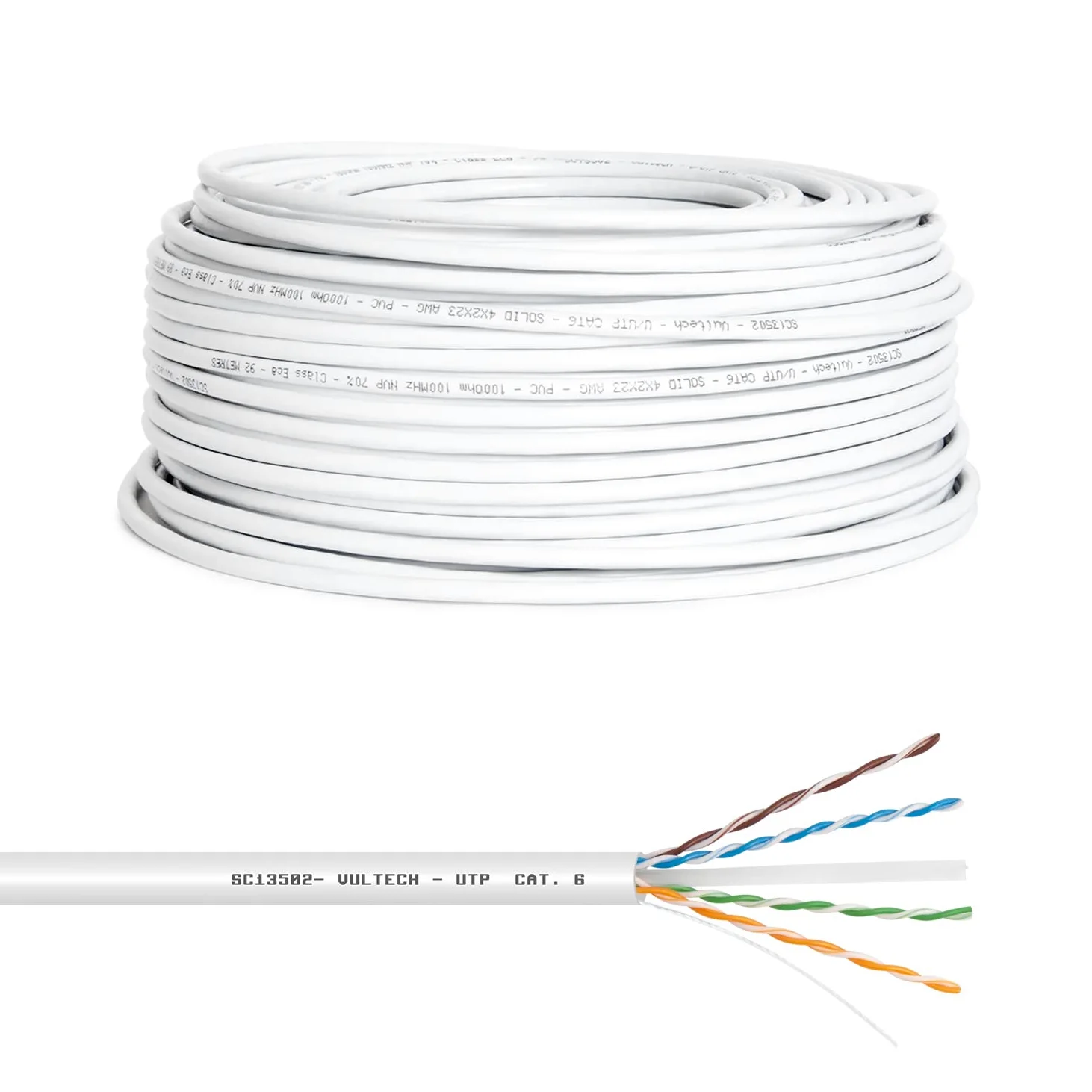 VulTech SC13502-100 Bobina Matassa Lan Categoria 6 UTP 100 Metri 23AWG Ethernet cavo rete impianti alta velocità 1Gbps 100m Cat6, 100 Ohm, 250Mhz, 10/100/1000 Mbps