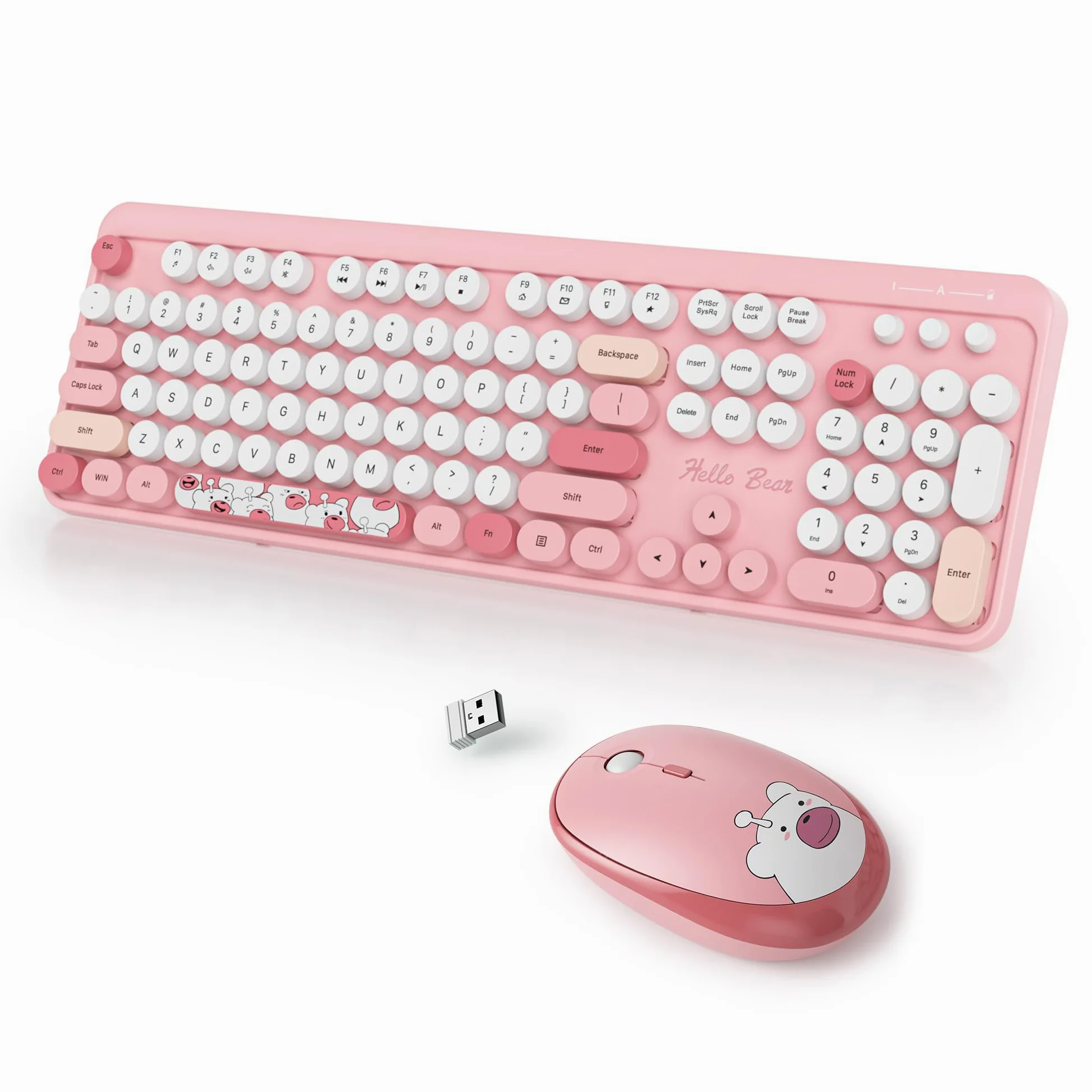 Tastiera e Mouse Senza fili, Americana QWERTY，Cute Tastiera Wireless con Tastierino Numerico, 2.4 GHz Retro Macchina Da Scrivere Full-size with Tasti Rotondi（Bear Pink）