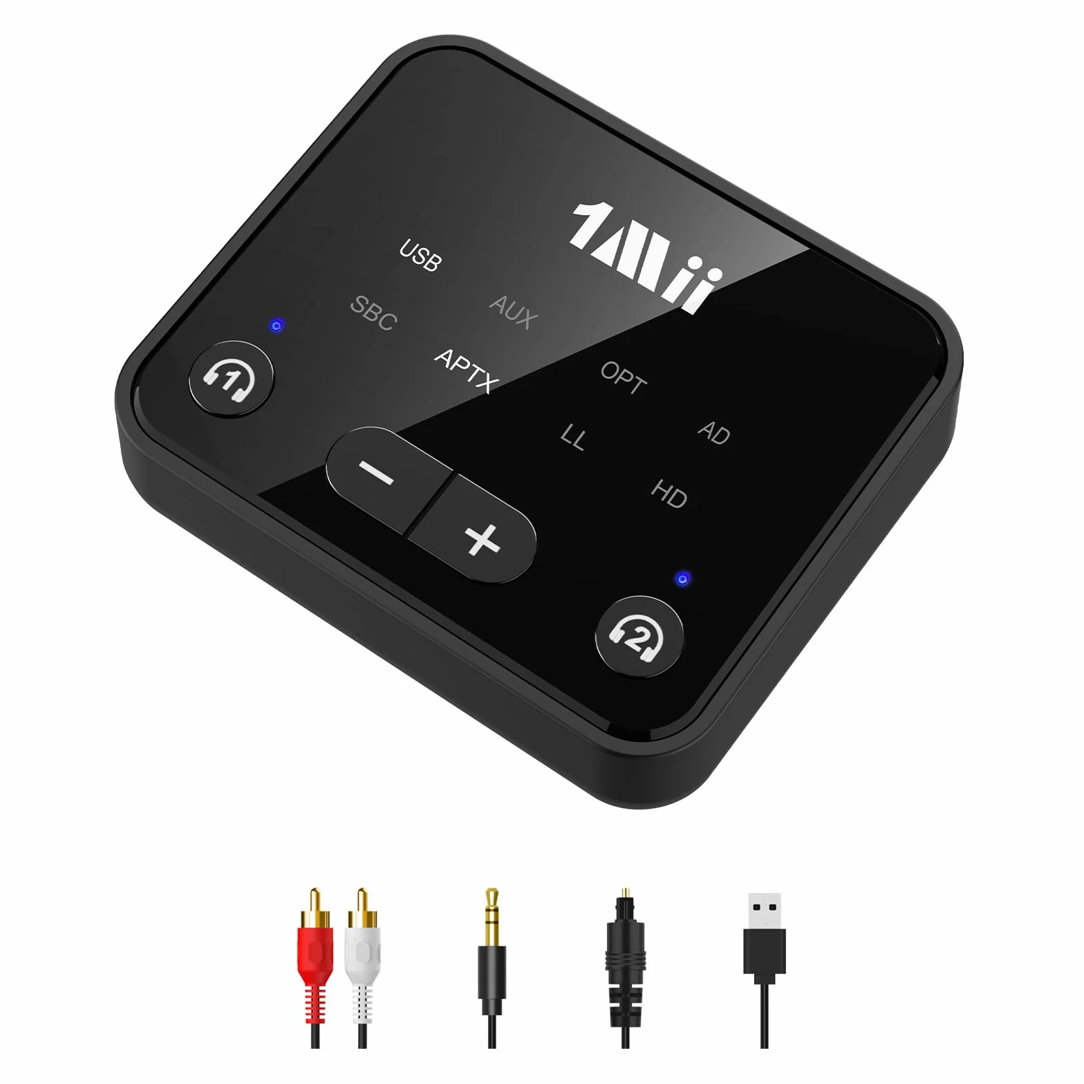 1Mii Trasmettitore Bluetooth 5.3 per TV a 2 Cuffie, Adattatore Wireless a Lunga Portata 30m per TV con aptX Low Latency/AD/HD, Ingressi Audio Optical/USB/3.5mm AUX/RCA