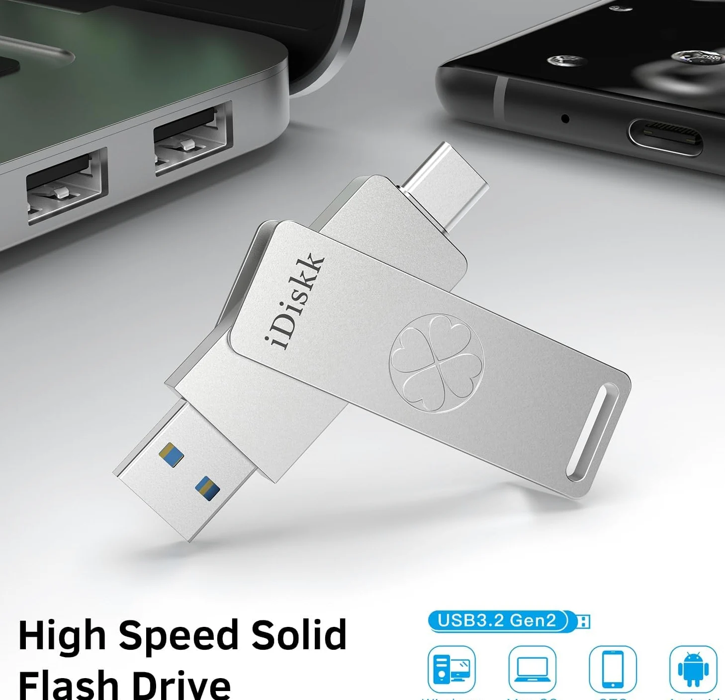 iDiskk Chiavetta USB 3.2 ad alta velocità da 256 GB per iPhone 17/16/15 Pro/Max, USB-C iPad, MacBook, Android, 500 MB/s, con app di backup automatico per foto/video, archiviazione esterna per telefoni