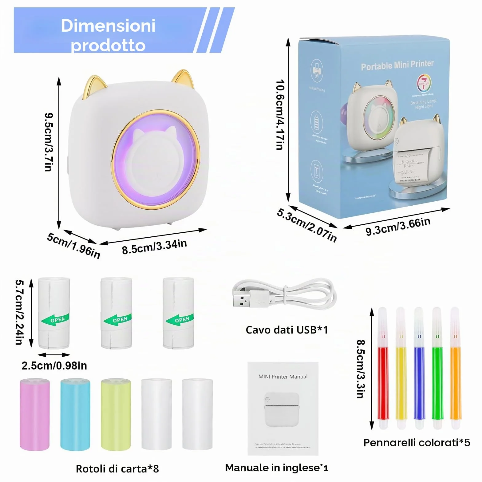 GuKKK Mini Stampante Fotografica, Mini Stampante Termica con LED colorati, Stampante Fotografica Istantanea Portatile, Mini Stampante Termica Bluetooth Ricarica USB, per Note, Diario, Elenco