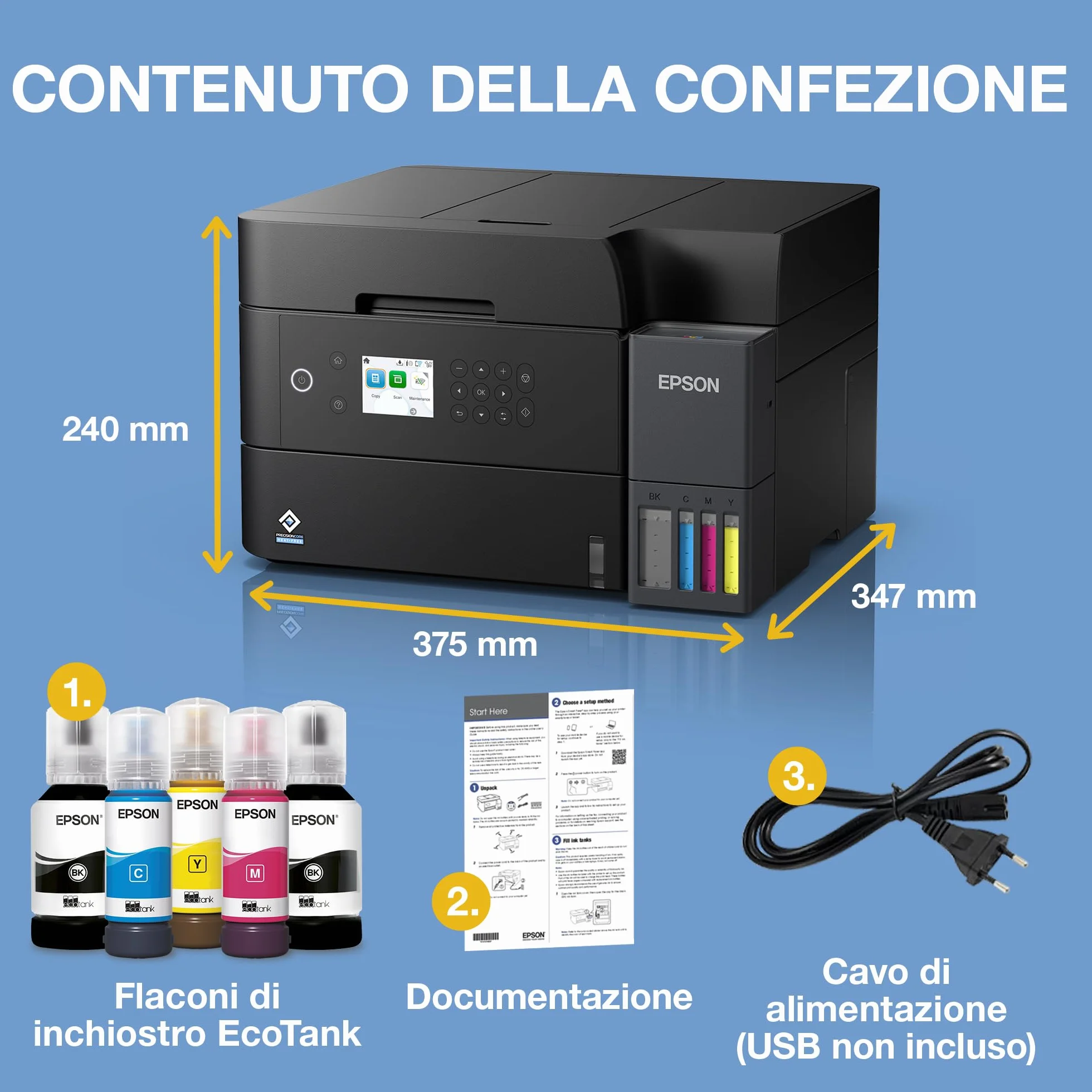 Epson EcoTank ET-3950 Stampante con Serbatoi D’inchiostro | Home Office | Wi-Fi | A4 | Fronte/Retro Stampa, Copia, Scansione | Display LCD 6.1 cm | ADF Da 30 Fogli | 3 Anni D'Inchiostro Inclusi