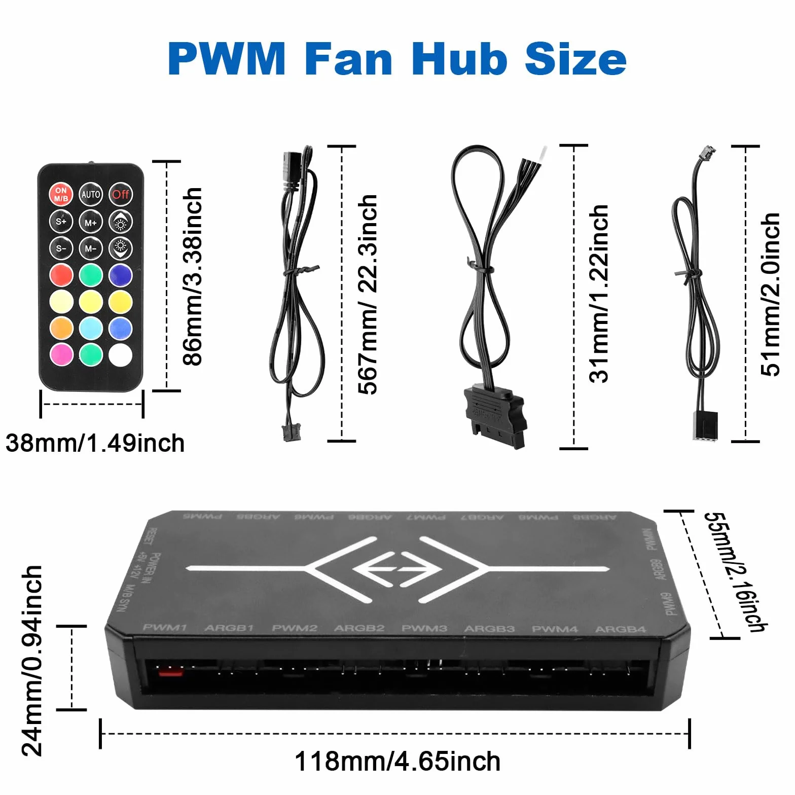Controller RUIZHI 2-in-1 ARGB PWM Fan Hub mit 9 x 4Pin PWM Fan Connectors & 5V 3Pin Porte con Base Magnetica e Porta SATA Power 18 per Illuminazione RGB/Controller RGB (nero)