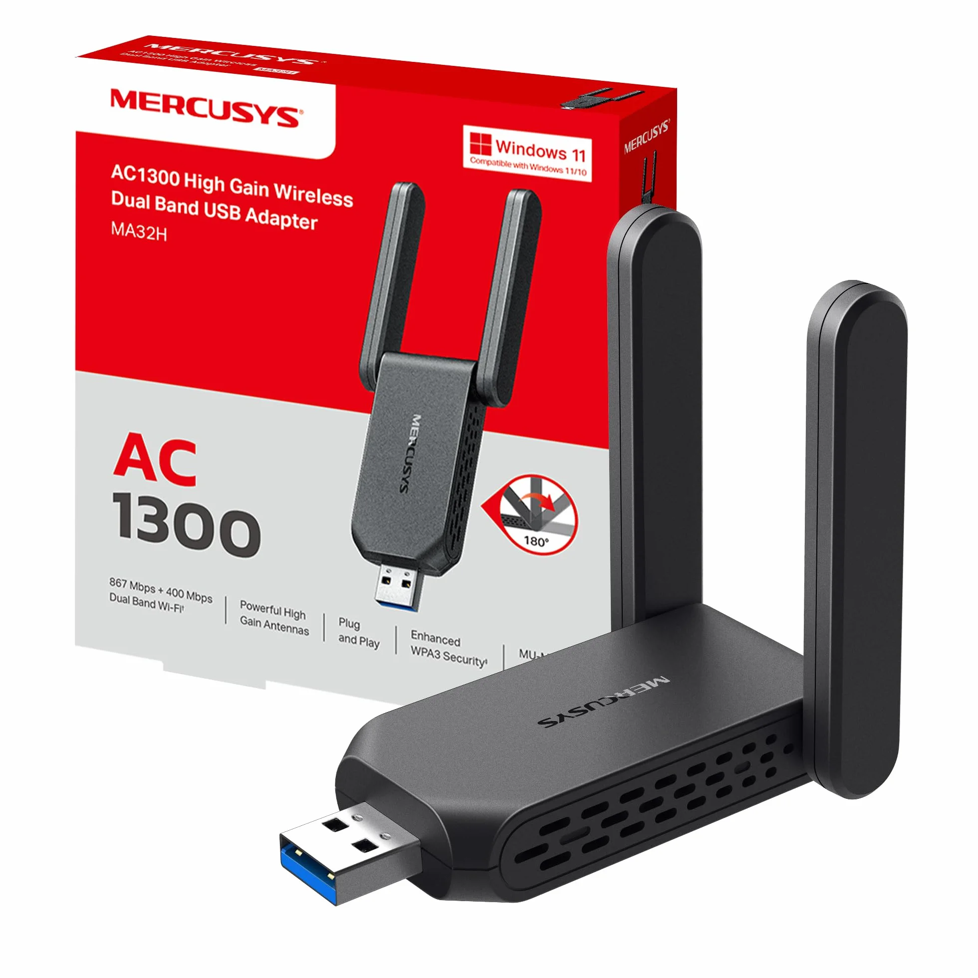 TP-Link Mercusys MA32H WiFi USB AC1300Mbps Dual Band 5GHz 867Mbps 2.4GHz 400Mbps USB 3.0 MU-MIMO WPA3