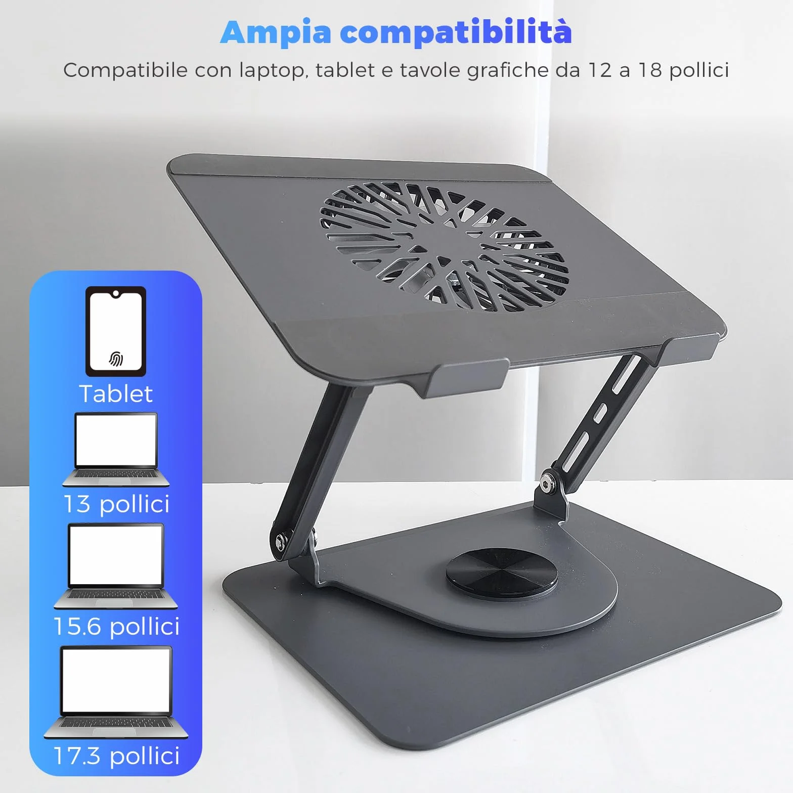 Supporto per laptop in alluminio, girevole a 360°, pieghevole, con ventola magnetica per raffreddamento, compatibile con MacBook e dispositivi da 10 a 17,3 pollici (grigio scuro)