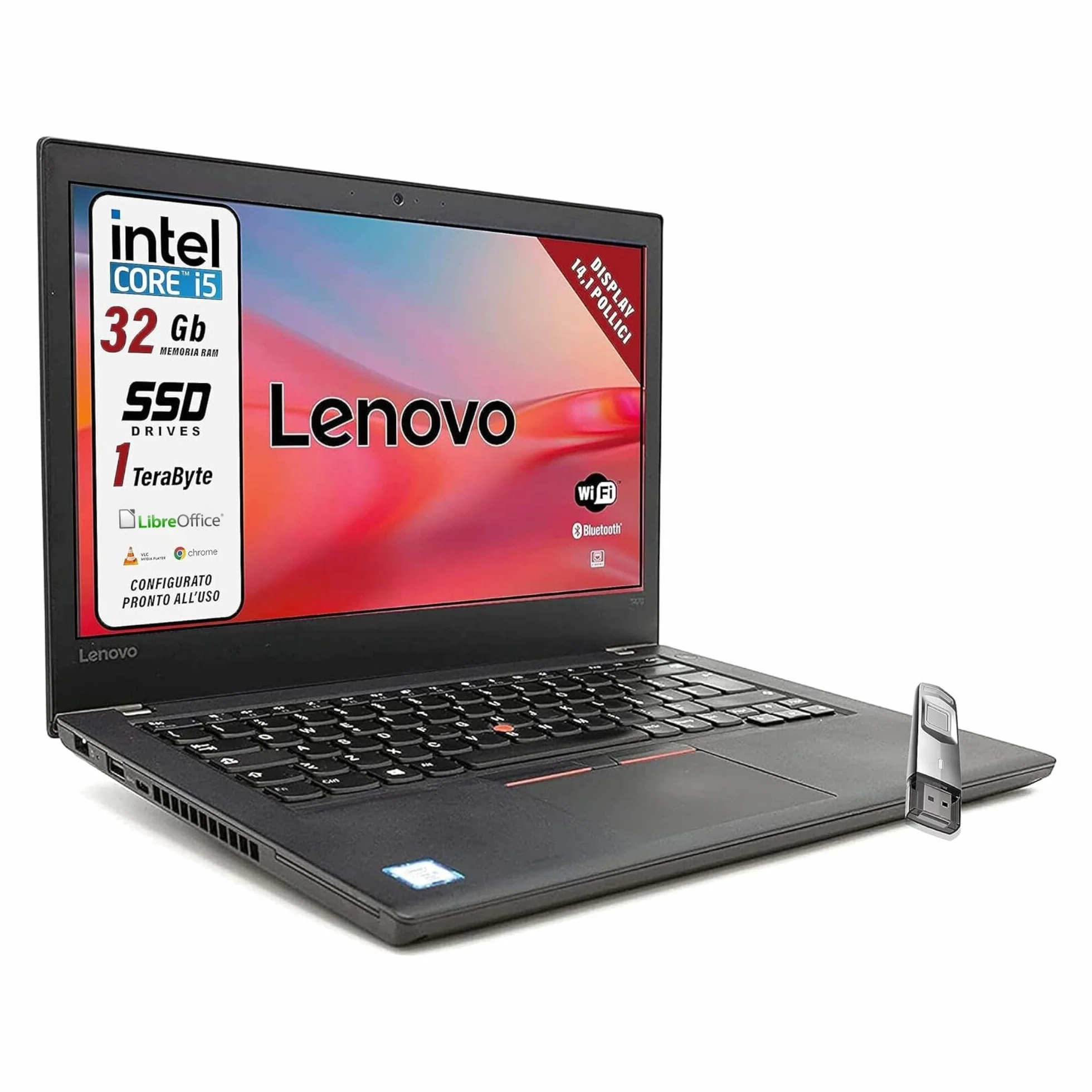 Lenovo, Pc portatile Intel Core i5, Ram 32 Gb, SSD 1 Tb, pronto all'uso con Libre, Notebook Con Display HD da 14", in dotazione pen drive fingerprint (Ricondizionato)