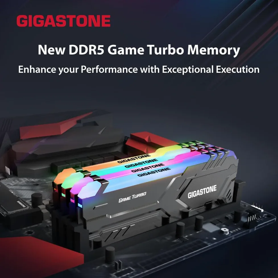 【RGB DDR5 RAM】 GIGASTONE Game Turbo 32GB Kit(2x16GB) DDR5 6400MHz PC5-51200 CL 40-40-40-84 Intel XMP 3.0 AMD Expo 1.35V UDIMM 288pin Non bufferizzata Rosso Non ECC Memoria ad alte prestazioni per PC