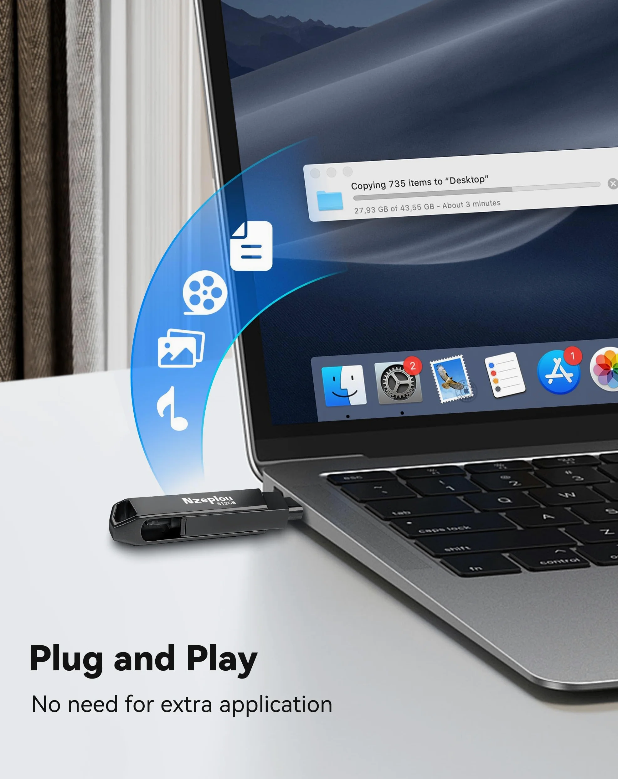 Chiavetta USB 3.0 ad alta velocità per iPhone, iPad, non necessita di app, Lightening & USB-C, memoria esterna per foto, video, backup immagini, plug & play, 512 GB, grigio siderale