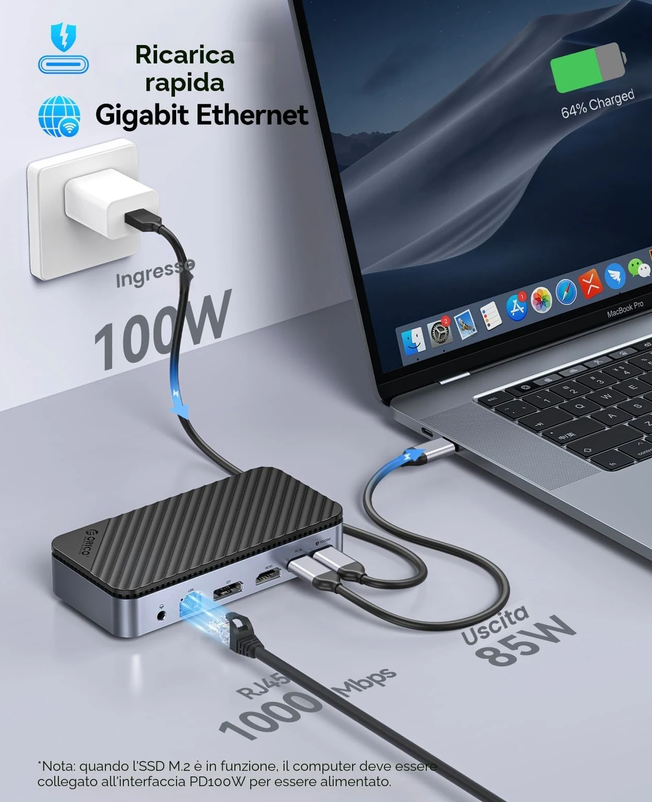 ORICO Hub C 11 in 1 con alloggiamento SSD M.2, docking station con ventilatore, HDMI, DP, Gigabit Ethernet, PD, SD/TF, audio/microfono, 10 Gbps e 2x5 Gbps