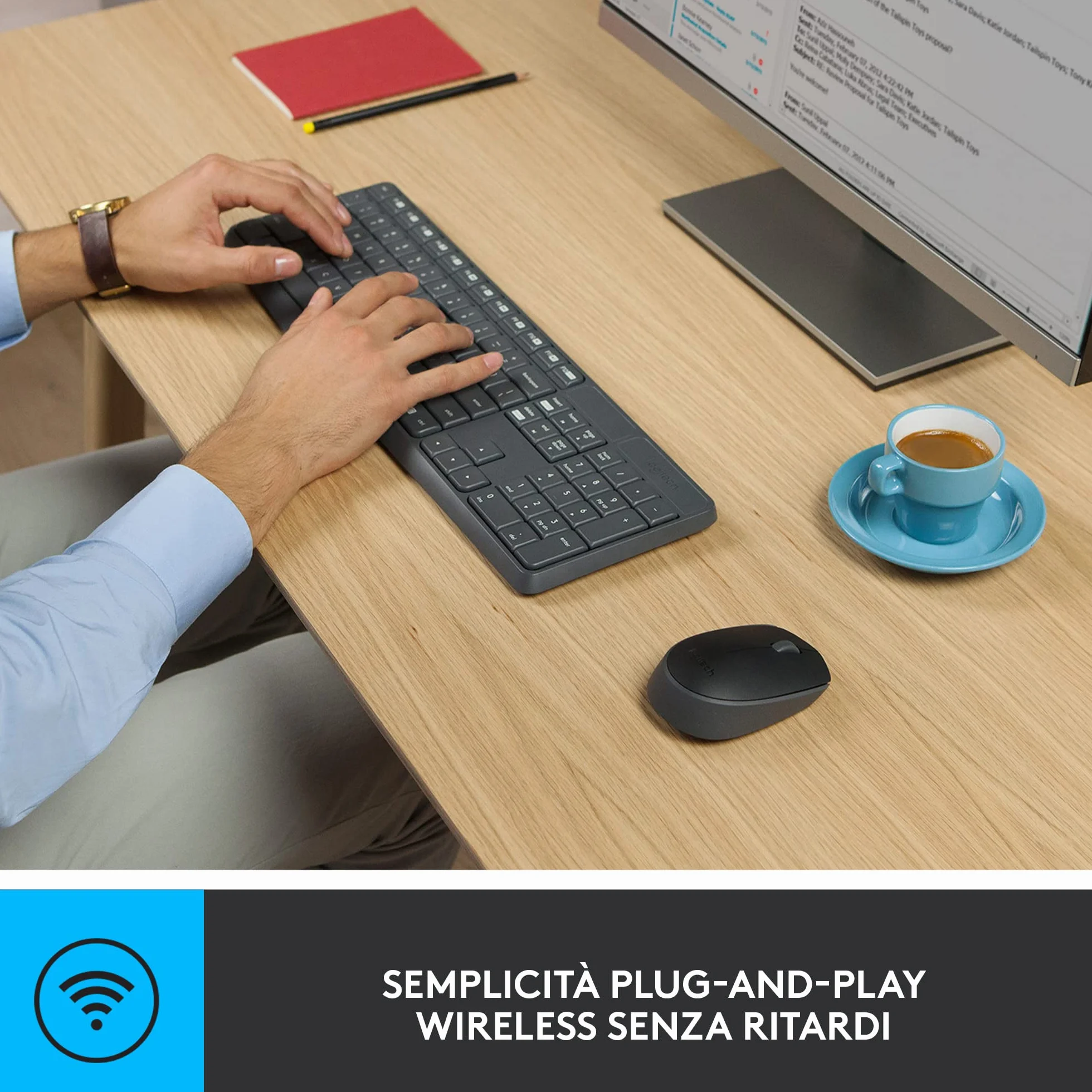 Logitech MK235 Combo Tastiera e Mouse Wireless per Windows, Ricevitore Unifying USB 2,4 GHz Wireless, 15 Tasti FN, Lunga Durata della Batteria, PC, Laptop, Layout Italiano QWERTY - Grigio