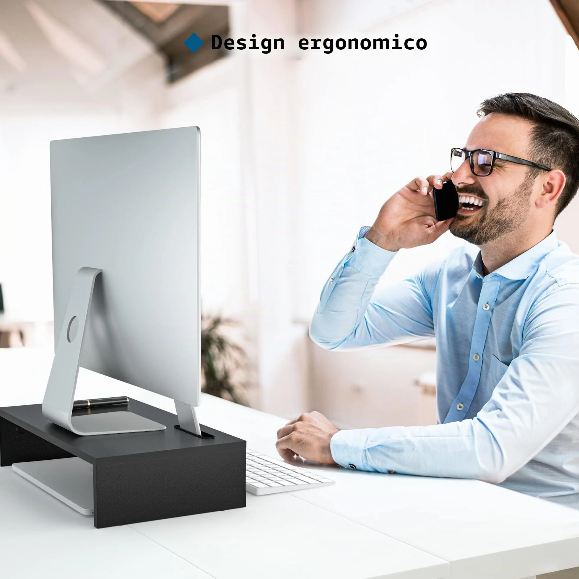 BONTEC Supporto per Monitor in Legno, per Monitor da Tavolo ergonomico per Laptop, Computer, Notebook, iMac, Stampanti, Portata Fino a 30 kg, W420 x D235 x H104mm, Nero