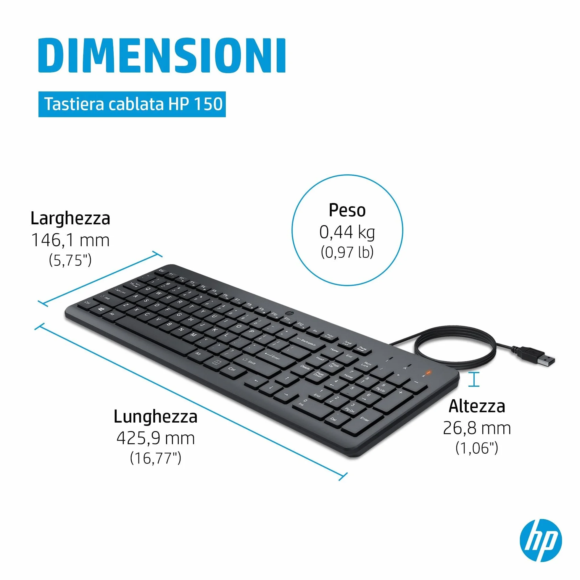 HP 150 Tastiera Cablata, Connessione con Cavo USB-A con la Lunghezza di 1 m, 12 Tasti Programmabili, Tastiera Qwerty, Layout Italiano, Compatibile con Windows 10 e 11, Nera