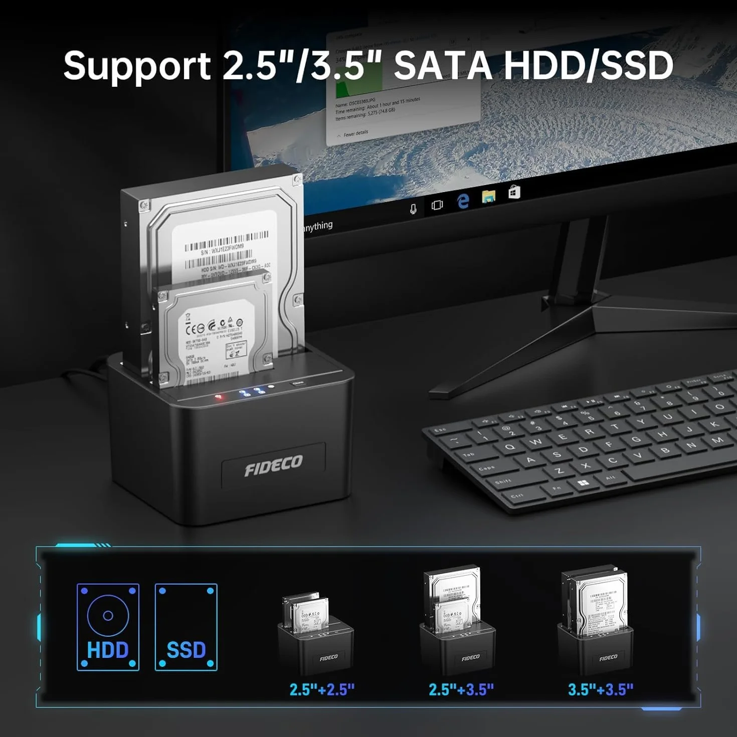 FIDECO HDD Docking Station, USB3.0 - Docking station per disco rigido da 2,5 e 3,5 pollici SATA HDD/SSD, doppio alloggiamento, supporto clone offline