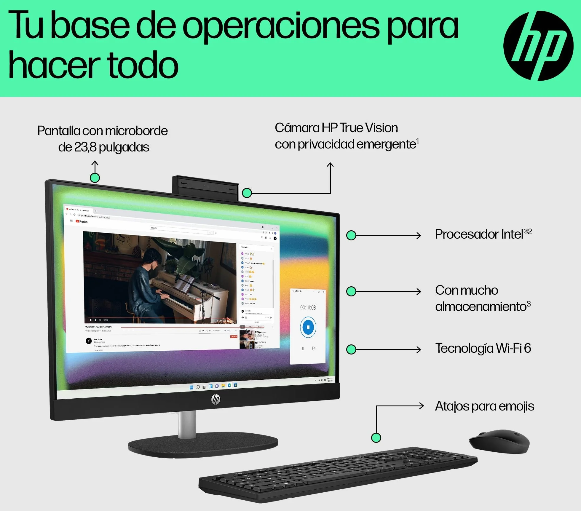 HP All-in-One 24-cr0101ns Computer desktop 23,8" FHD Intel Core i3-N300 8 GB RAM 512 GB SSD Intel UHD Graphics Windows Black Tastiera QWERTY spagnola