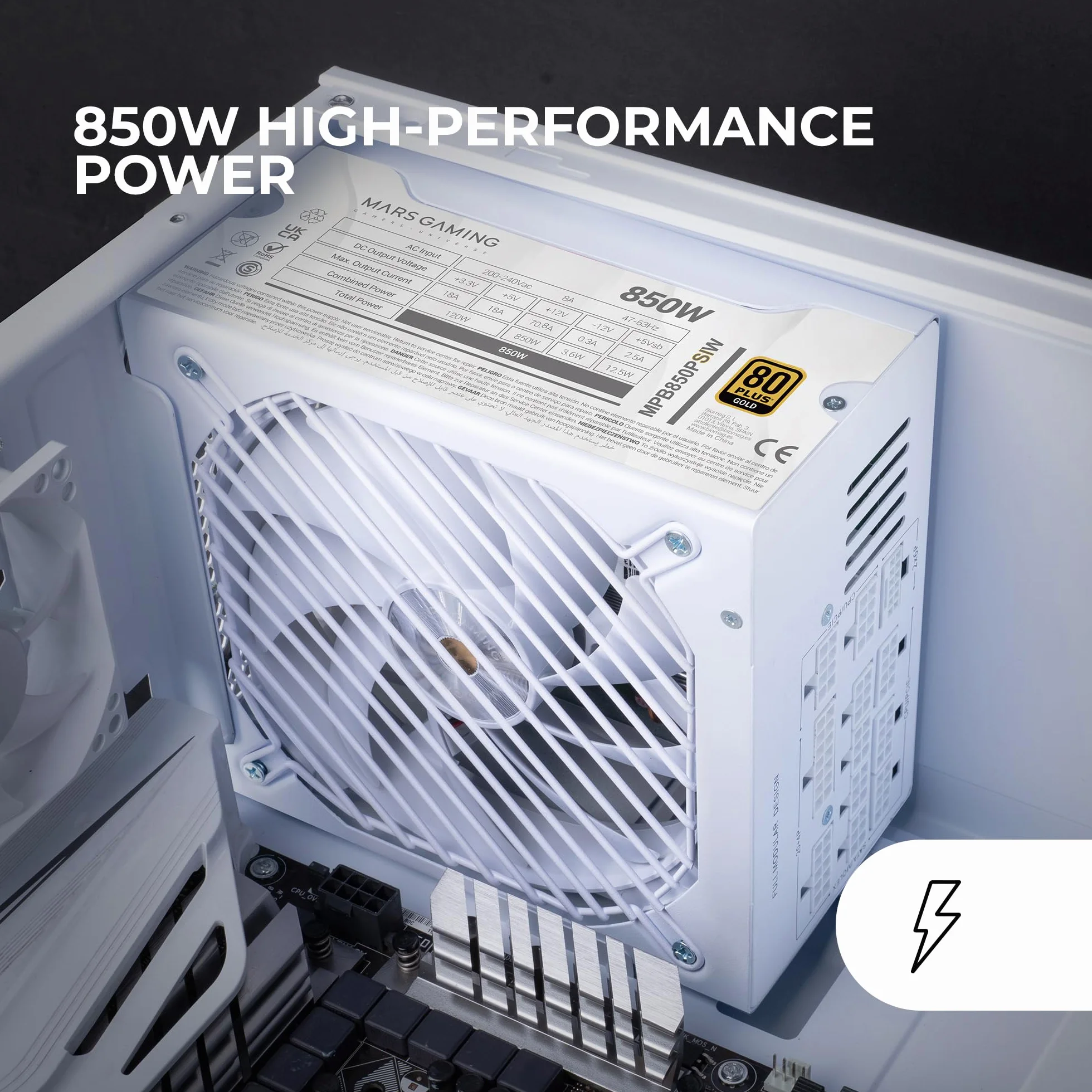 Mars Gaming MPB850PSI, Alimentatore Full Modulare ATX 850W, 10 Anni di Garanzia, 80Plus Gold 90%, Ventola SI 14cm, Tecnologia AI2-RPM, DC-DC e SMD, ATX 3.1 e PCIe 5.1, Connettore 12V 2x6, Bianco