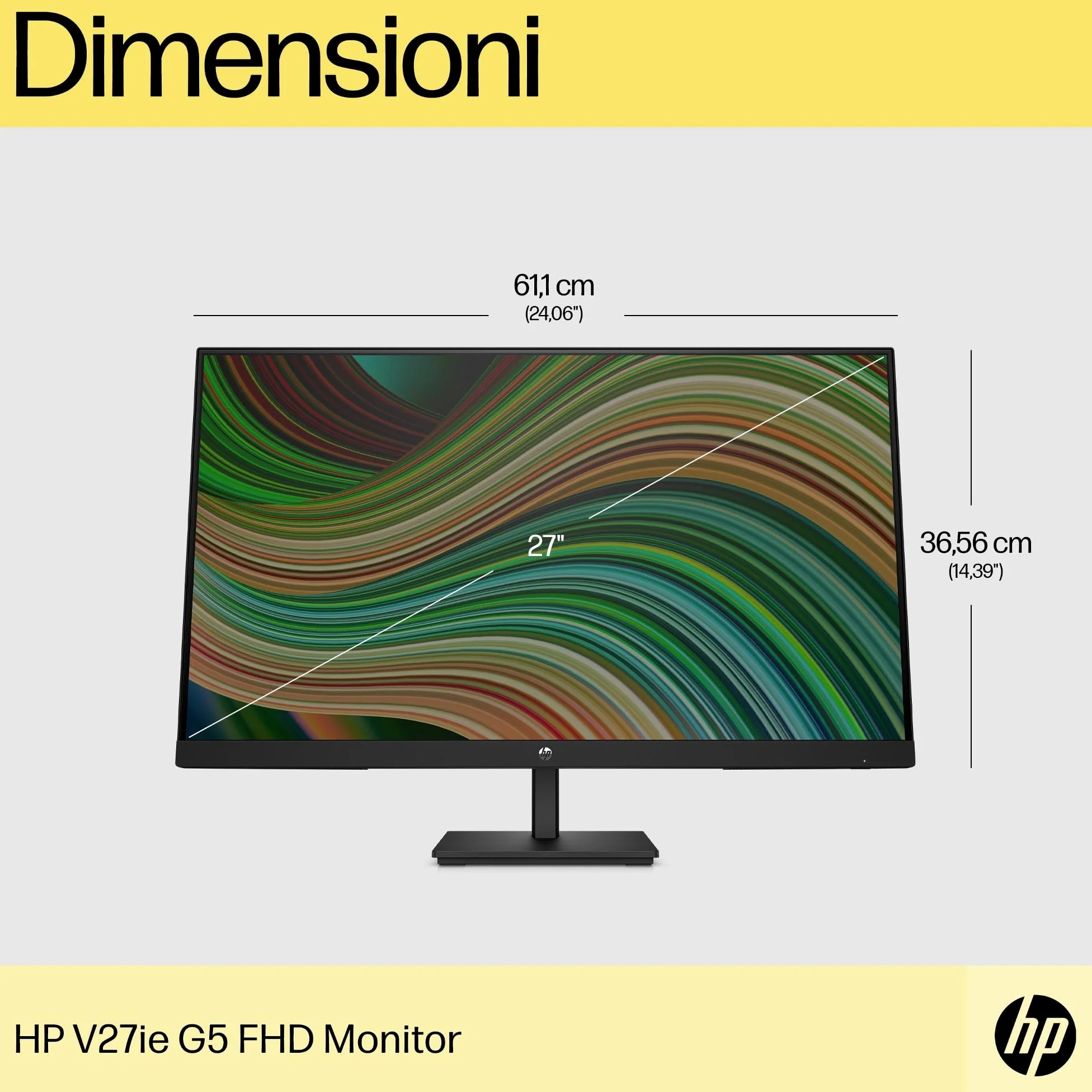 HP V27ie Monitor da 27", FHD, 16:9, Antiriflesso, Pannello IPS da 75Hz, Tempo di Risposta 5 ms, Reclinabile, VESA 10x10 cm, AMD FreeSync, 250 Nits, Low Blue Light, VGA, HDMI, DisplayPort, Nero